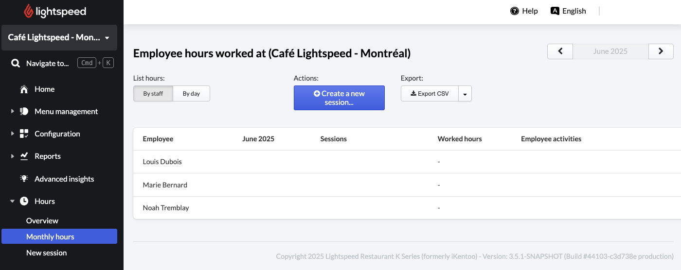 Page Heures mensuelles dans Lightspeed Restaurant.