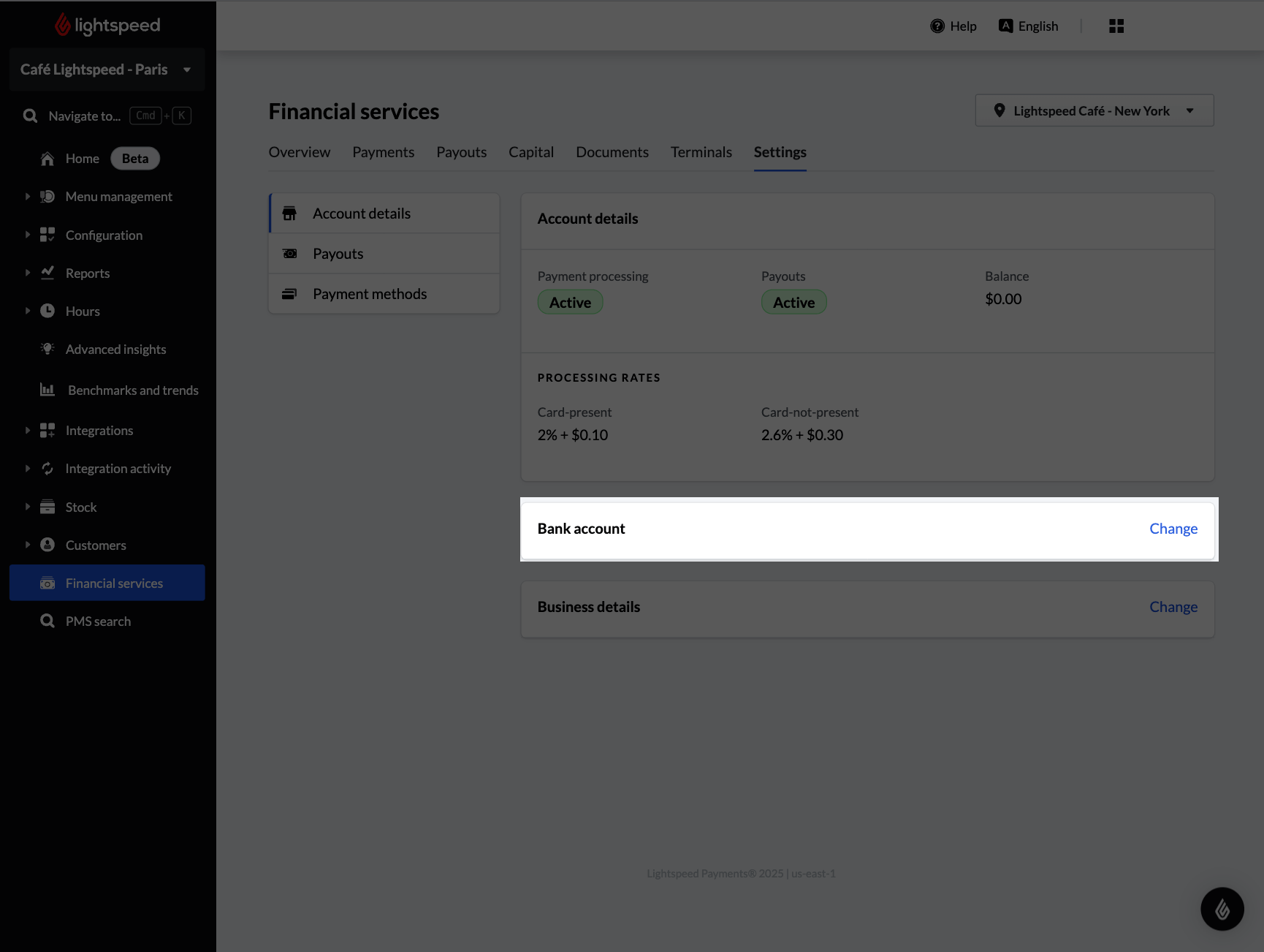 Bank account change section highlighted