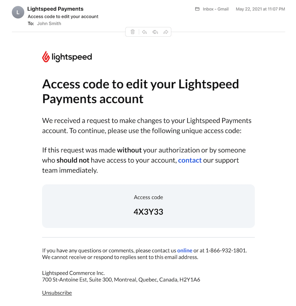 Image displays an example email with access code
