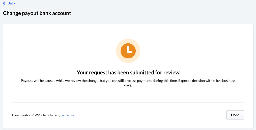 Image reads 'Your request has been submitted for review' with an orange clock face visible