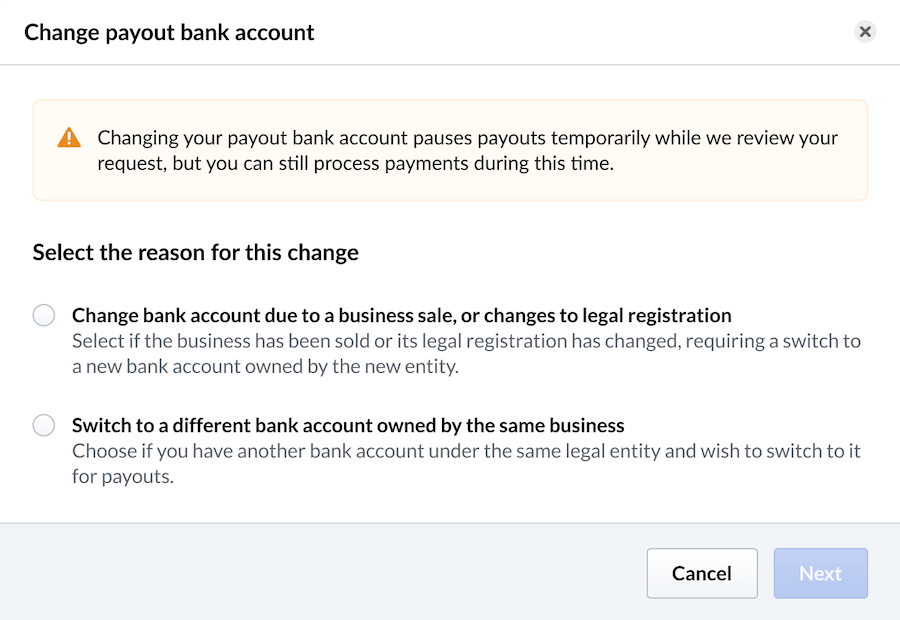 Image displays a pop-up window asking for the reason for the bank account change