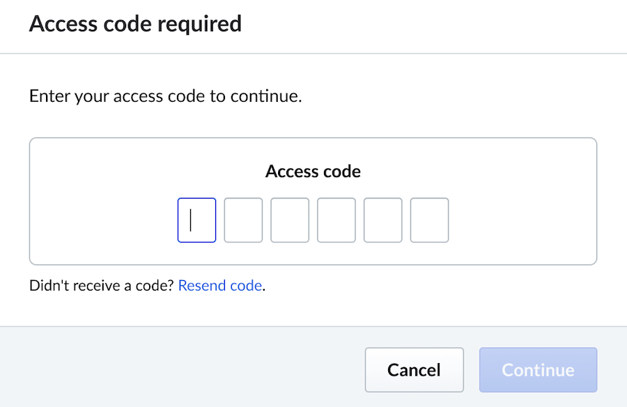 Image displays a blank field to input the access code