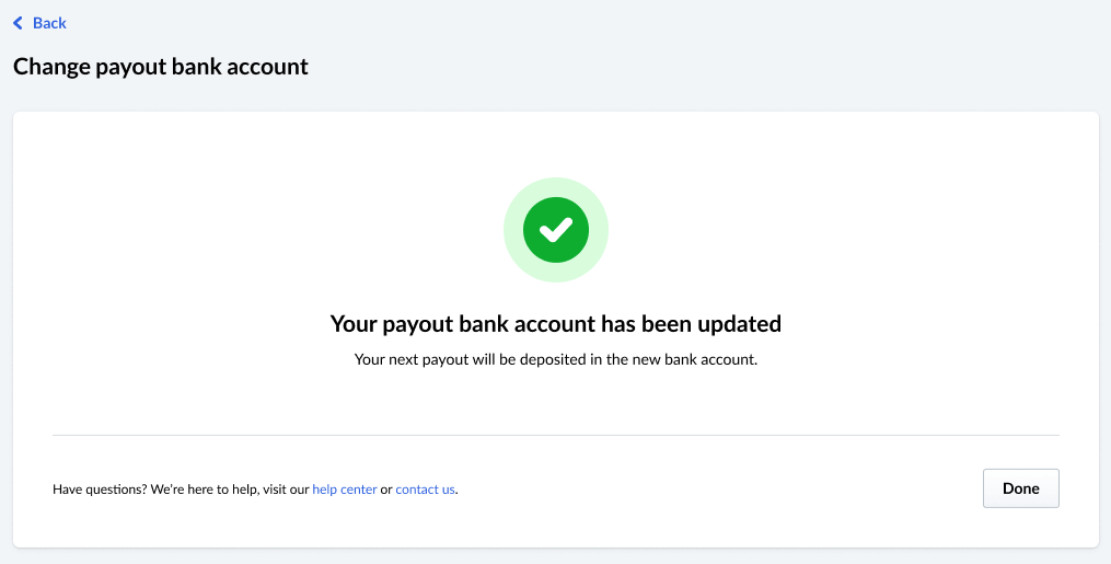 Image reads 'Your payout bank account has been updated!' with a green checkmark visible
