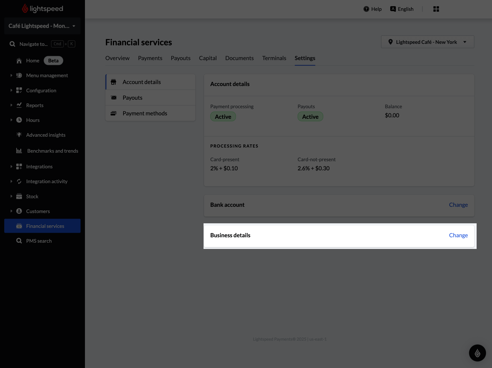 Image displays the Settings tab within Financial Services. The button titled 'Change' has been highlighted