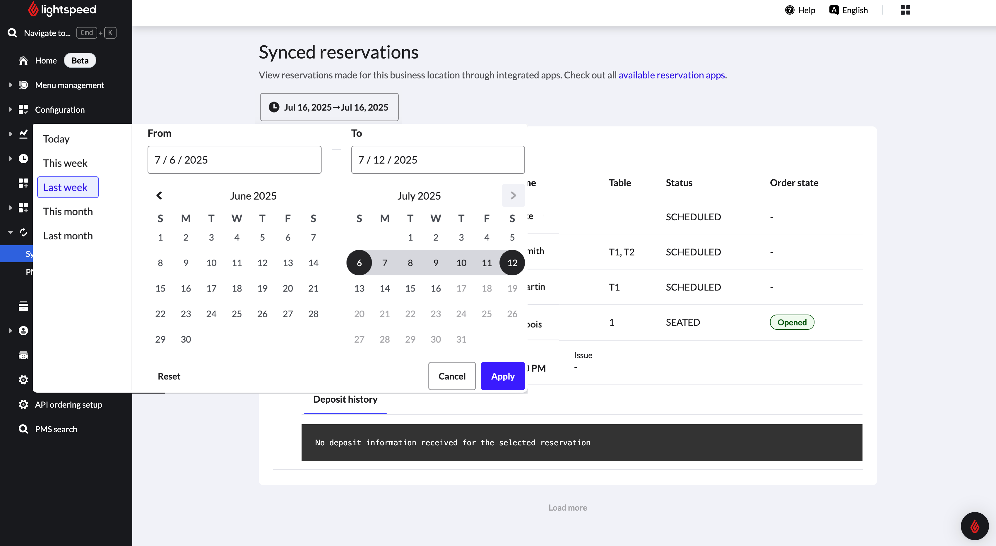 Back Office screenshot of the synced reservations report page, highlighting the calendar used to modify the reporting date range