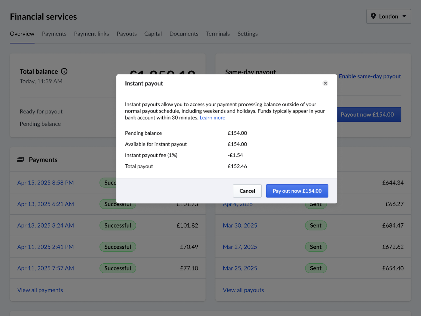 Afbeelding met een pop-upvenster met de kosten en het totaal van de Instant Payout.