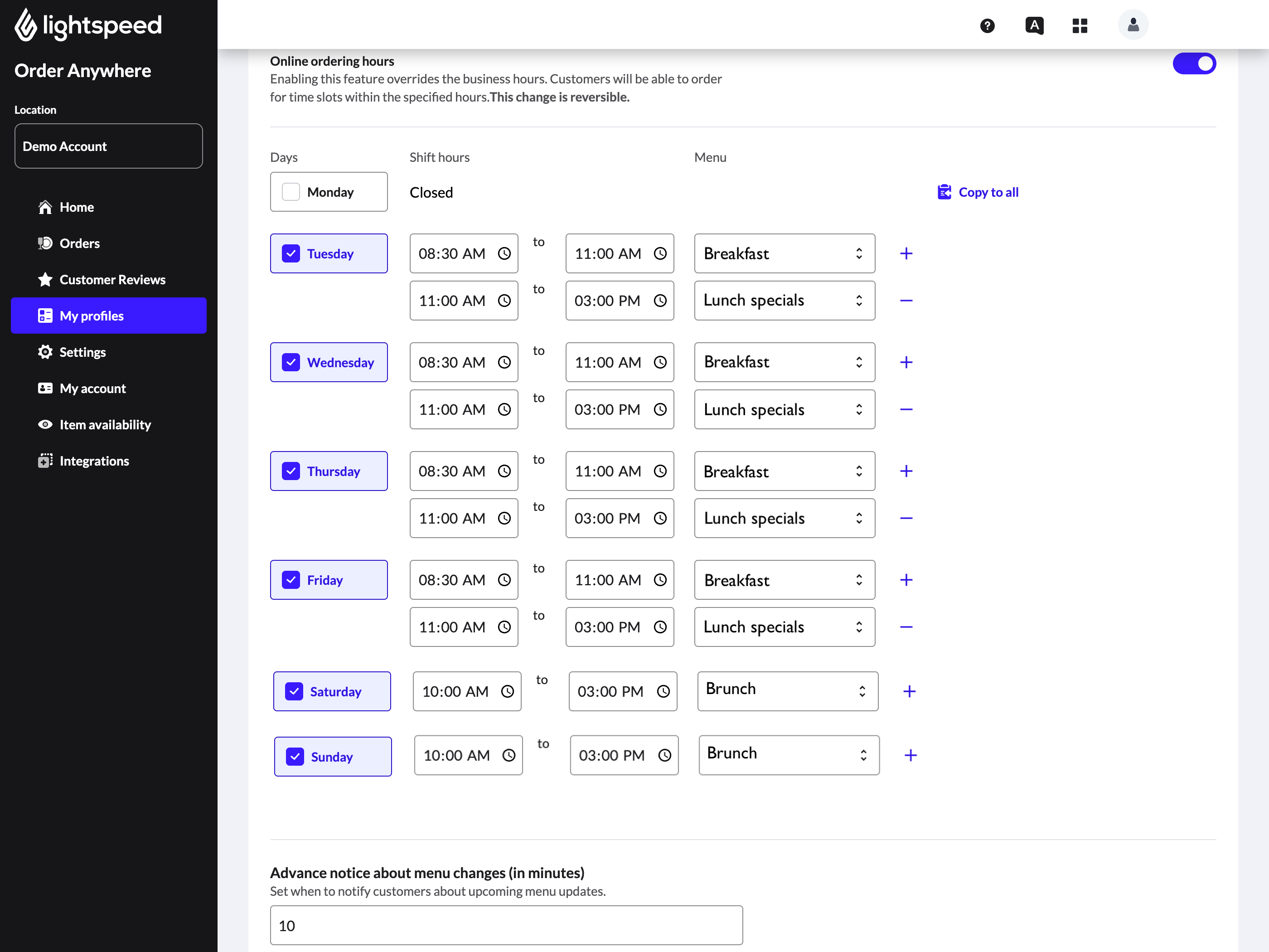 Screenshot of the Ordering hours section, demonstrating timed menus for breakfast, lunch, and brunch.