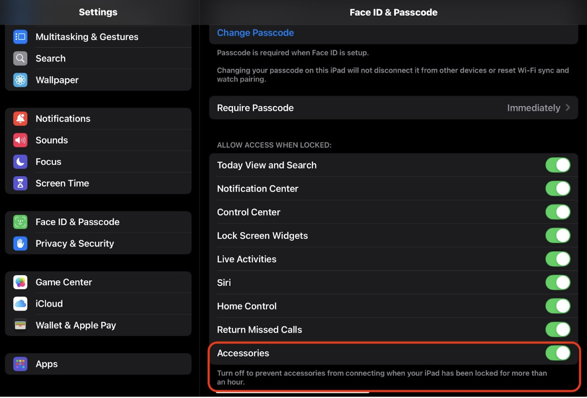 Screenshot of iPad settings page, highlighting the Accessories section.
