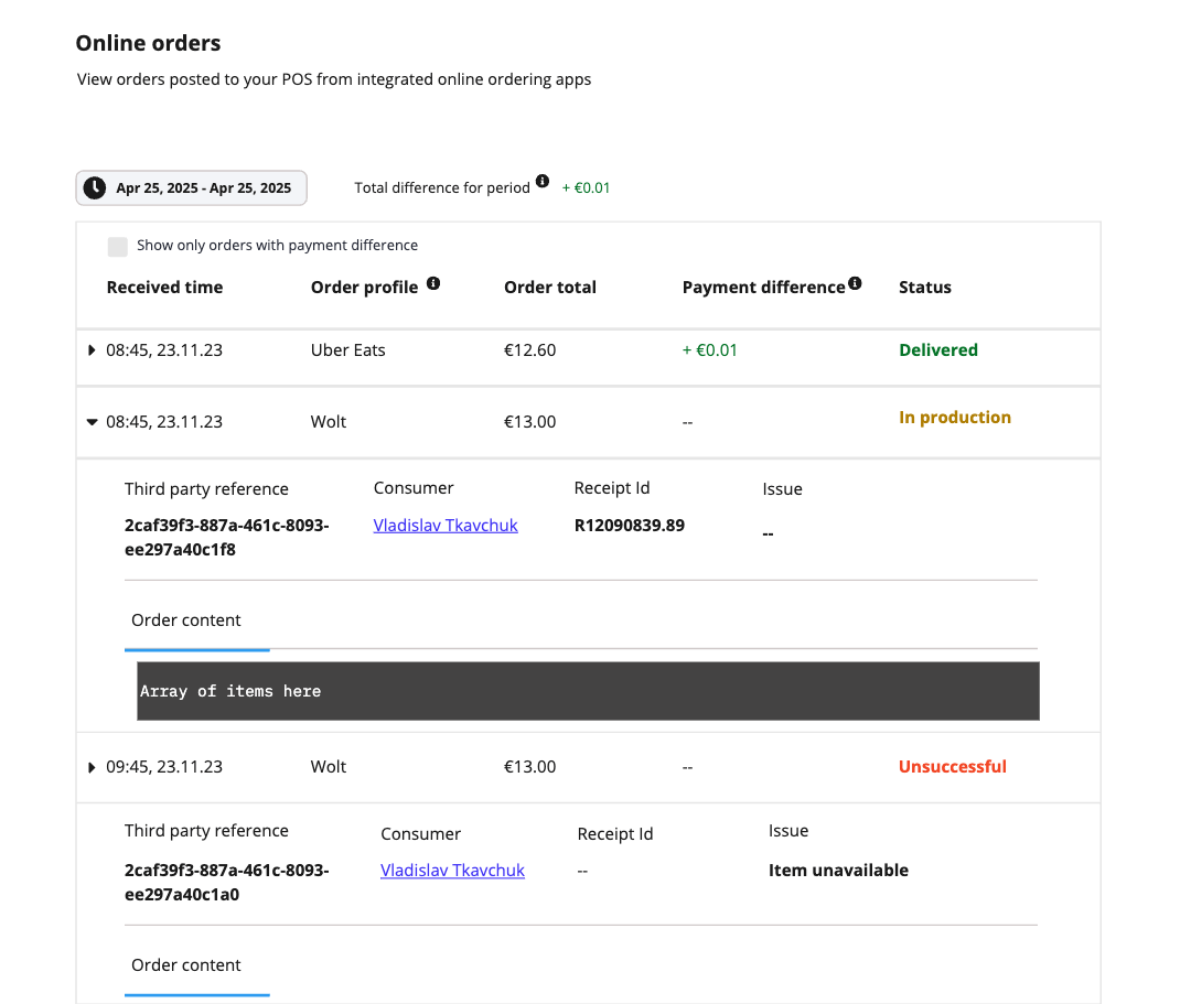 Online orders report in the Back Office