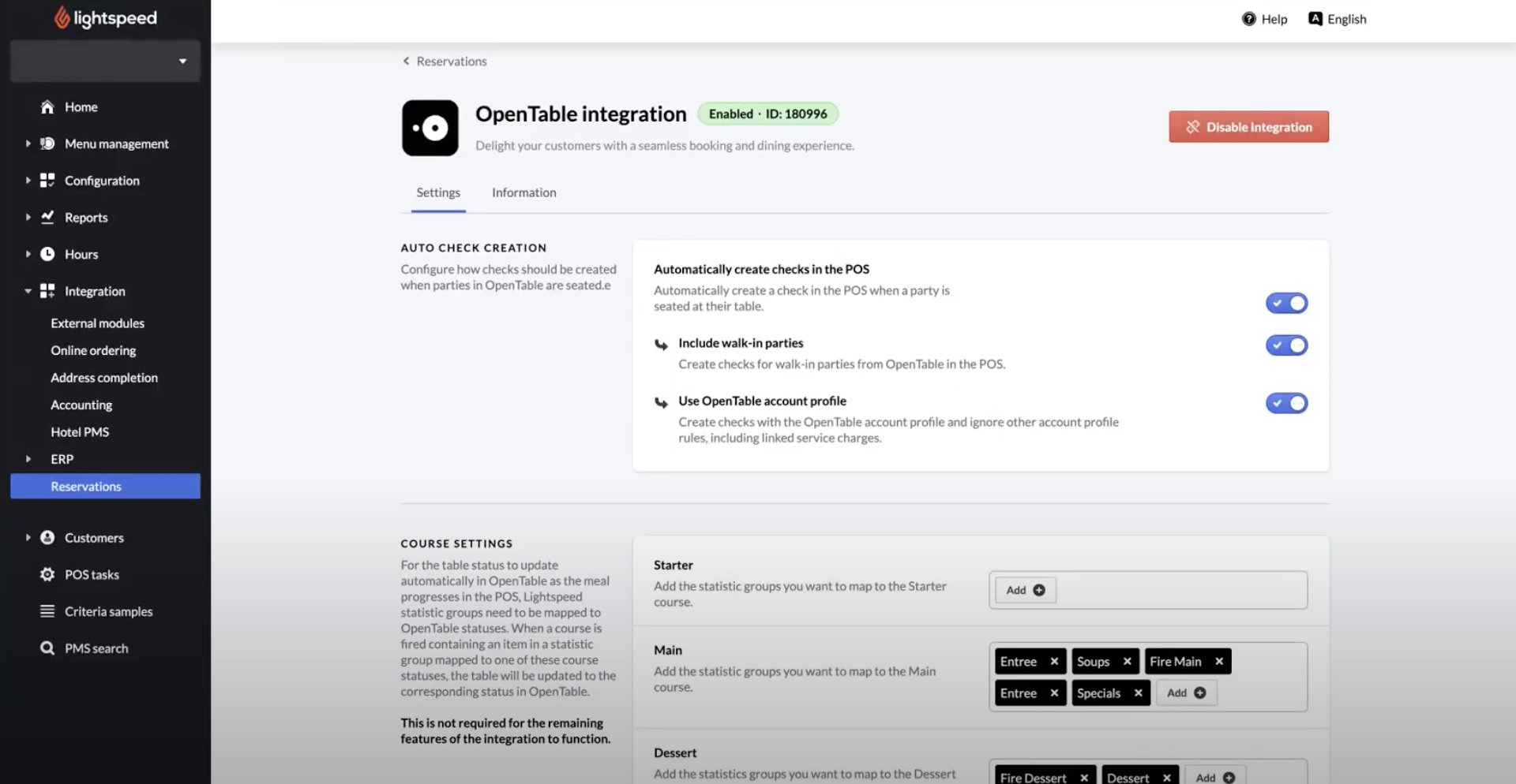 OpenTable-Einstellungsseite mit Anzeige der automatischen Rechnungsstellung und Gangeinstellungen.