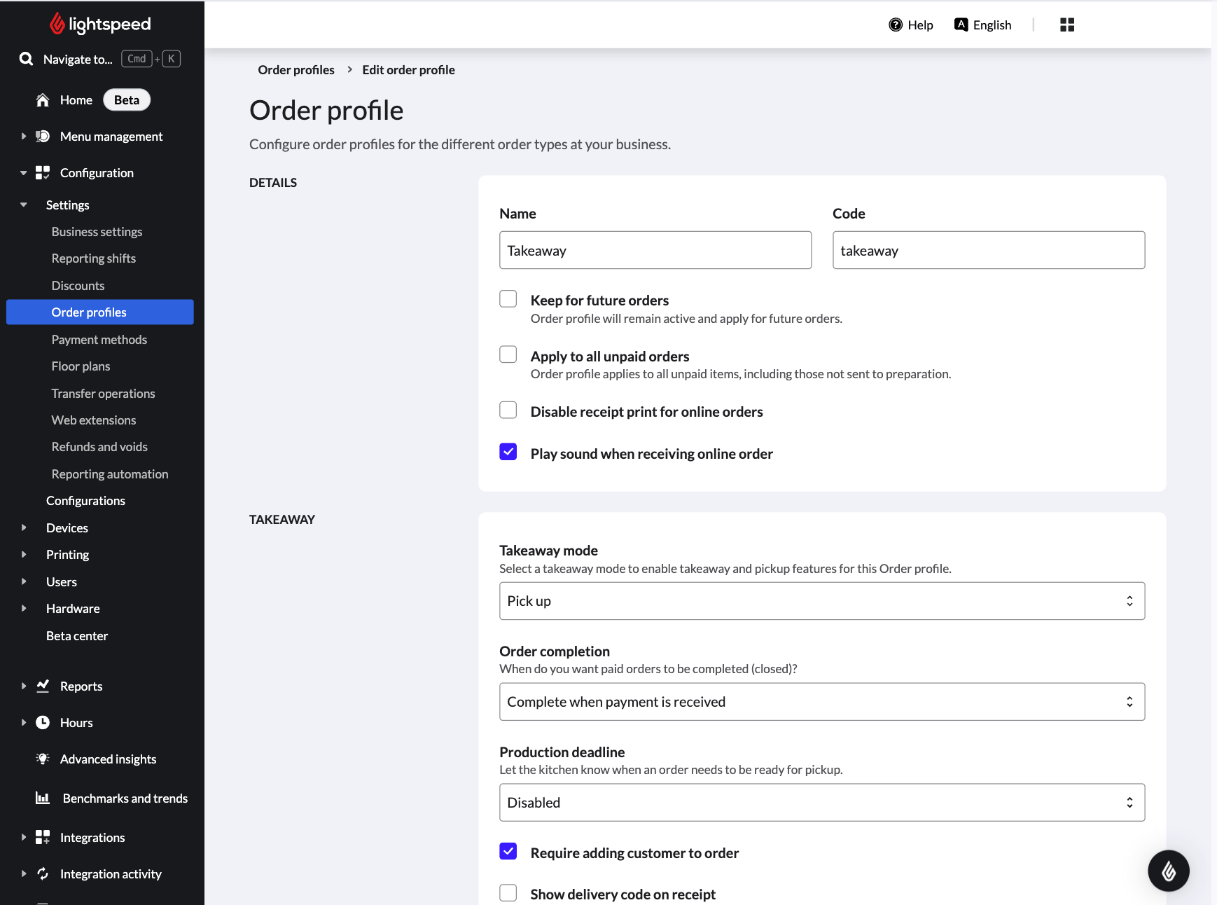 Profil de commande pour les commandes pour emporter