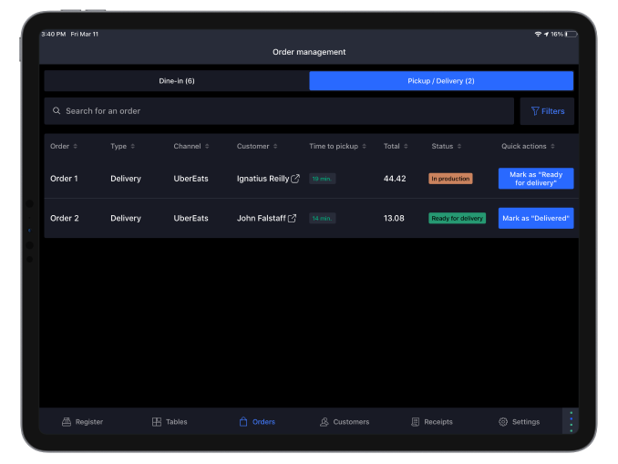 Écran de l’application PDV Lightspeed restaurateurs présentant des commandes à ramasser et en livraison.