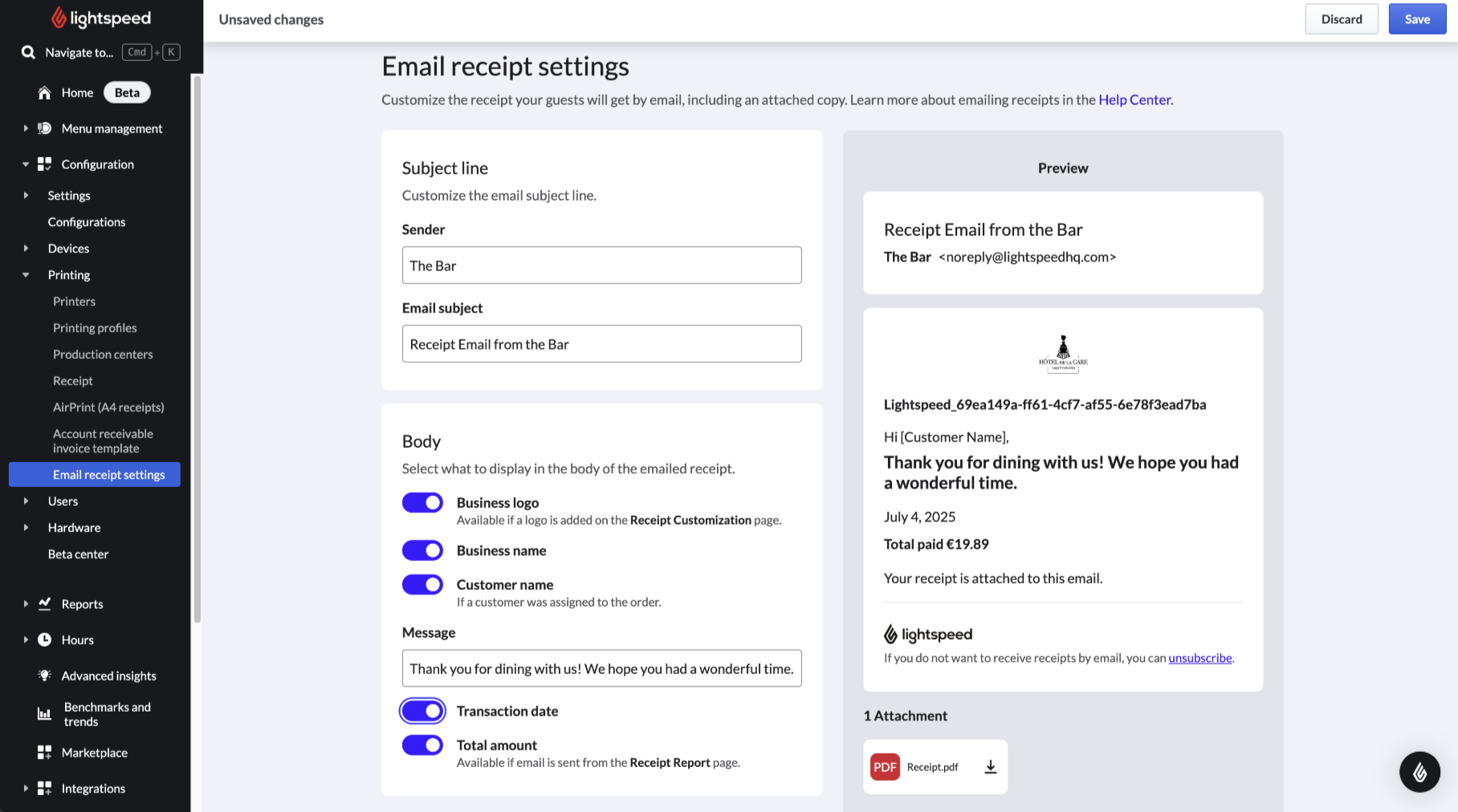 Screenshot van de pagina Instellingen voor kassabonnen per e-mail in de backoffice.