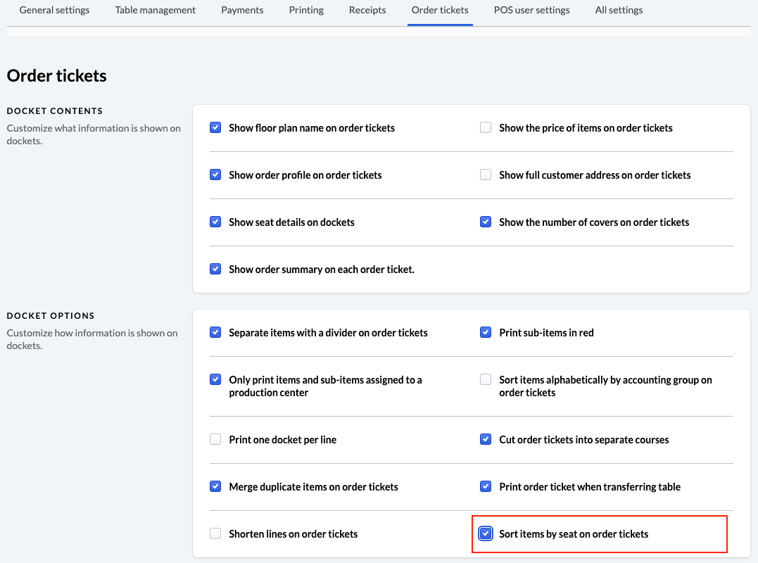 Liste de paramètres, l’option Trier les articles par siège sur les bons de commande est entourée.