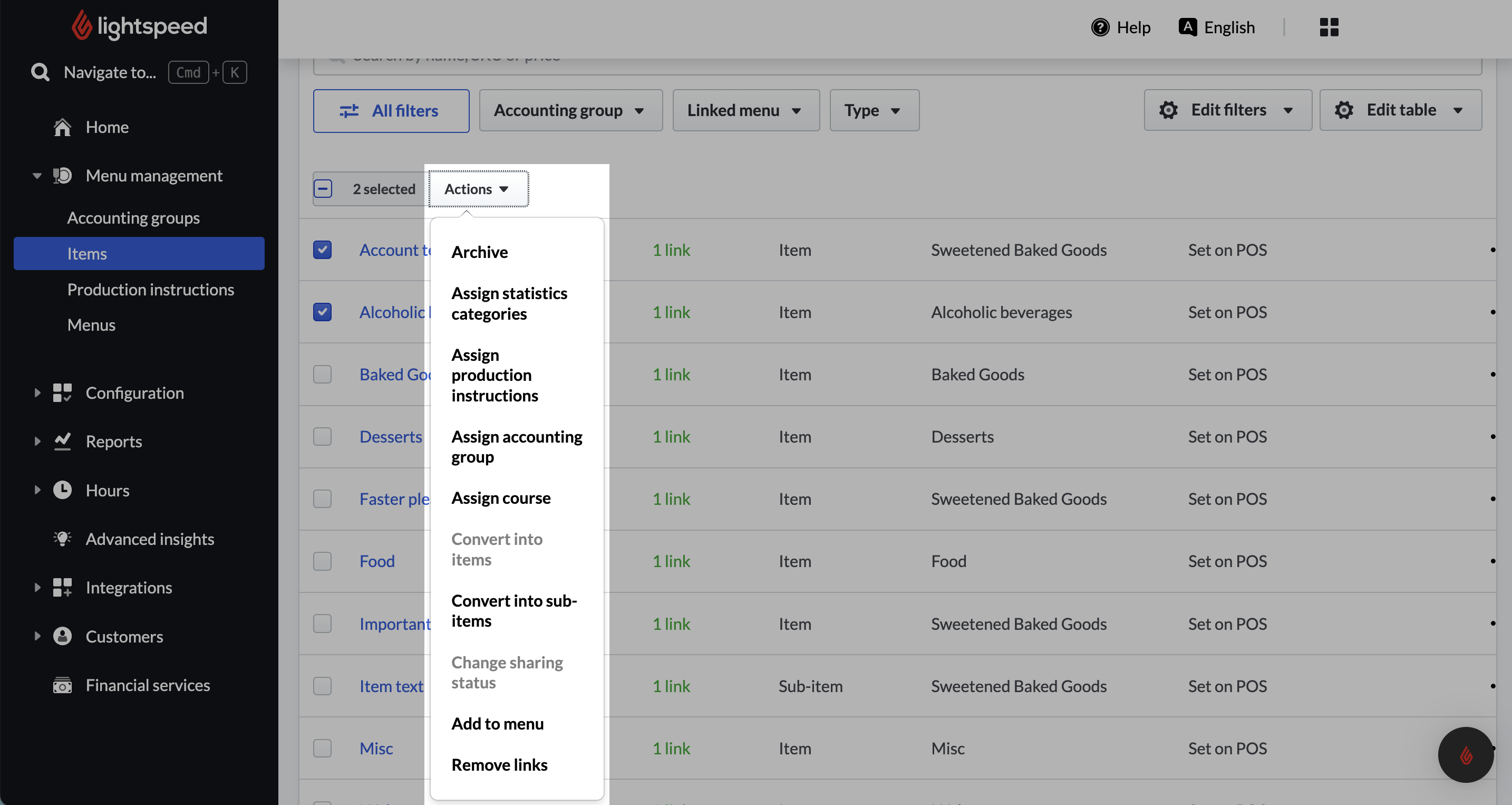 Liste d’actions en lot disponibles depuis la bibliothèque d’articles