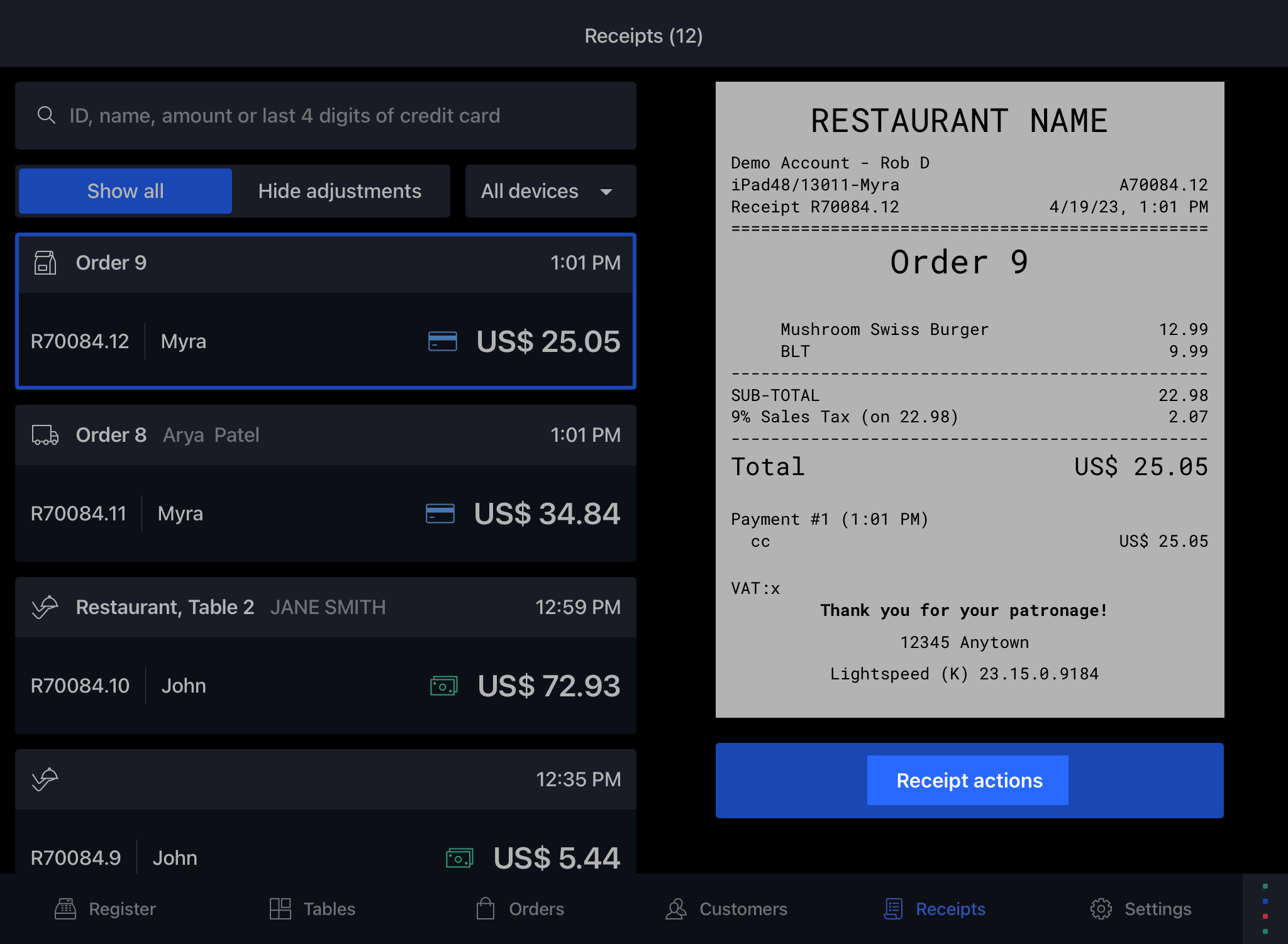 Ein Bild, das den Quittungsbildschirm der POS-App zeigt. Die Schaltfläche 'Quittungsaktionen' ist farblich hervorgehoben.
