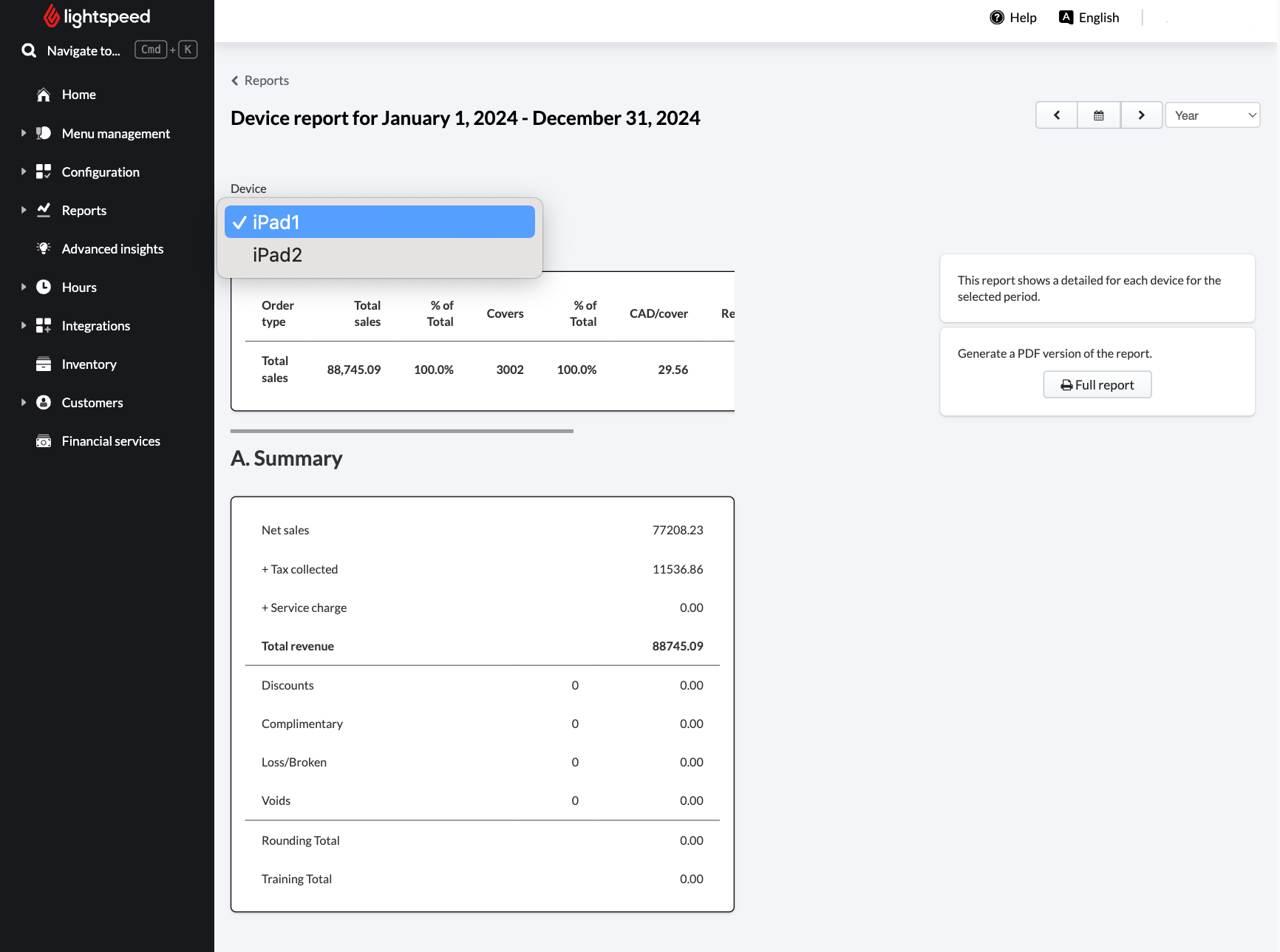 Device Report page with dropdown showing selection of POS devices