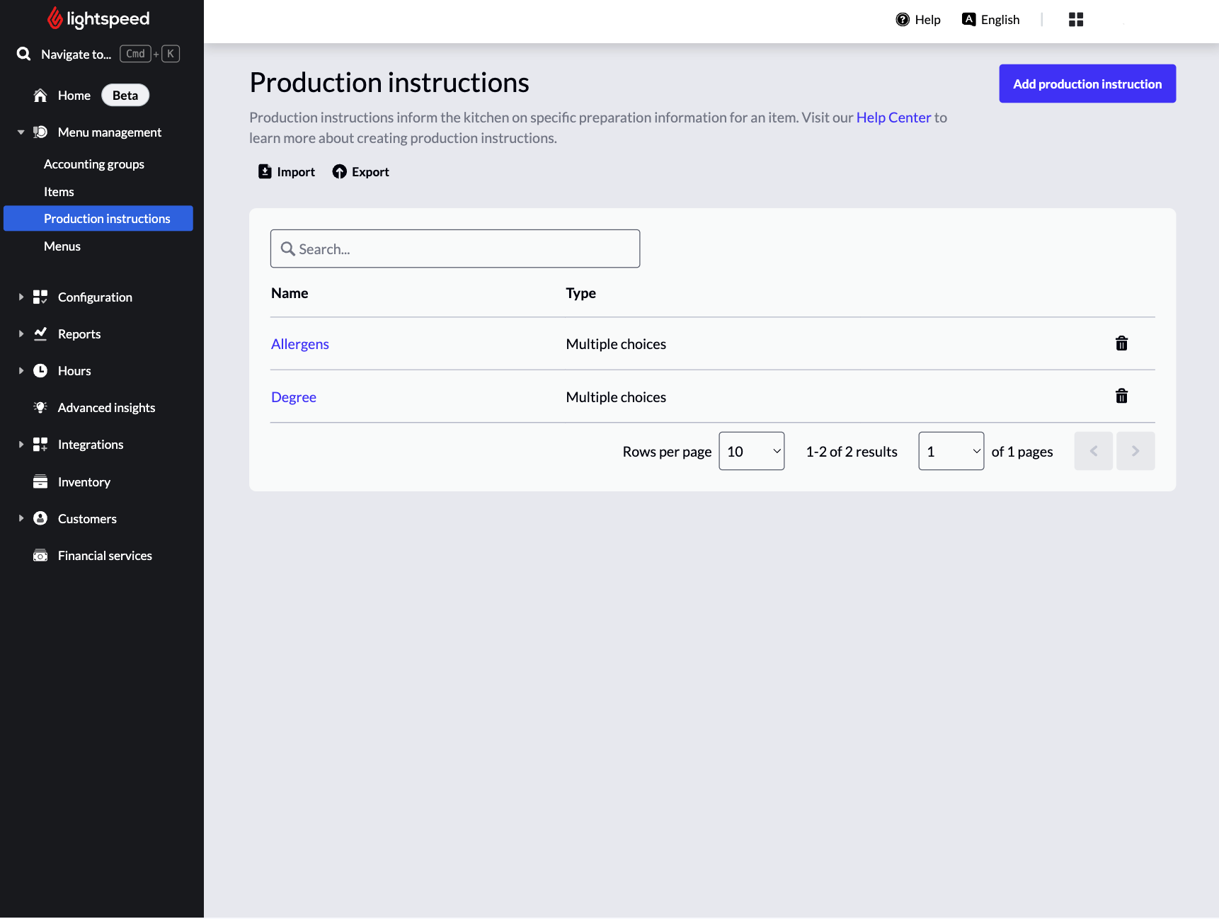 Production instructions main page