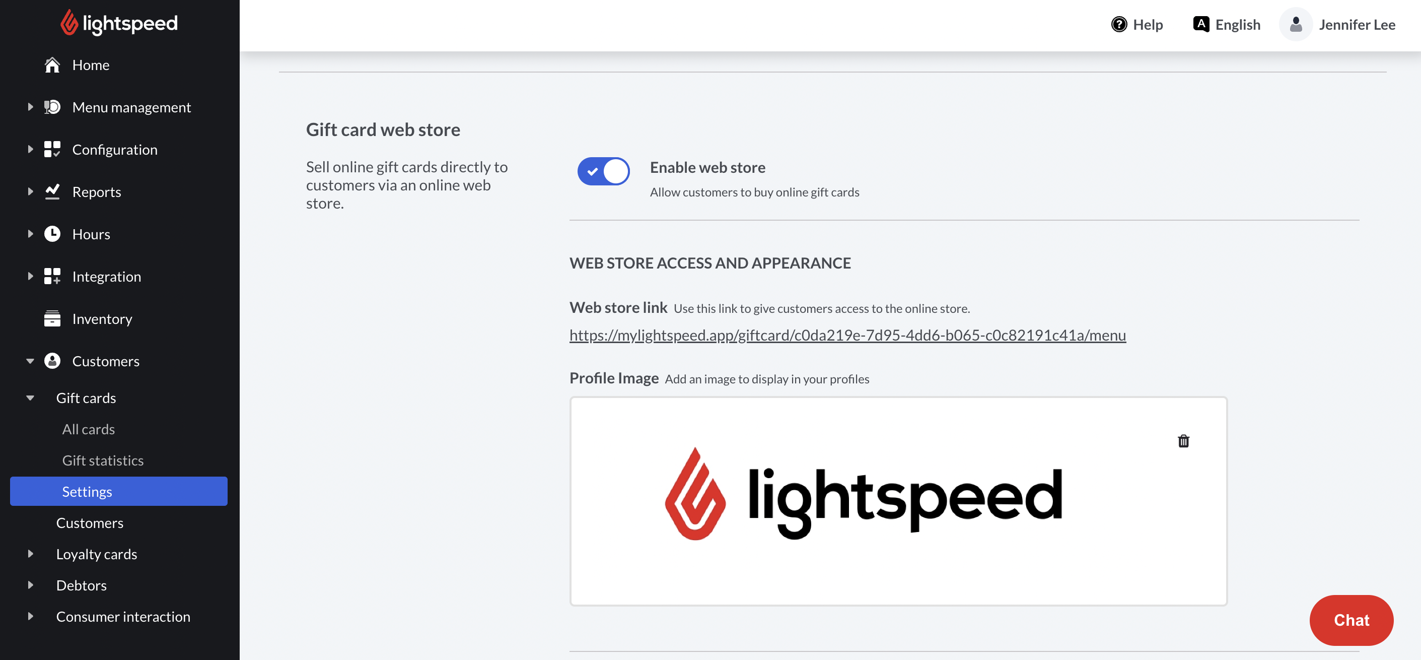 The gift card settings page with 'Enable web store' toggled on.