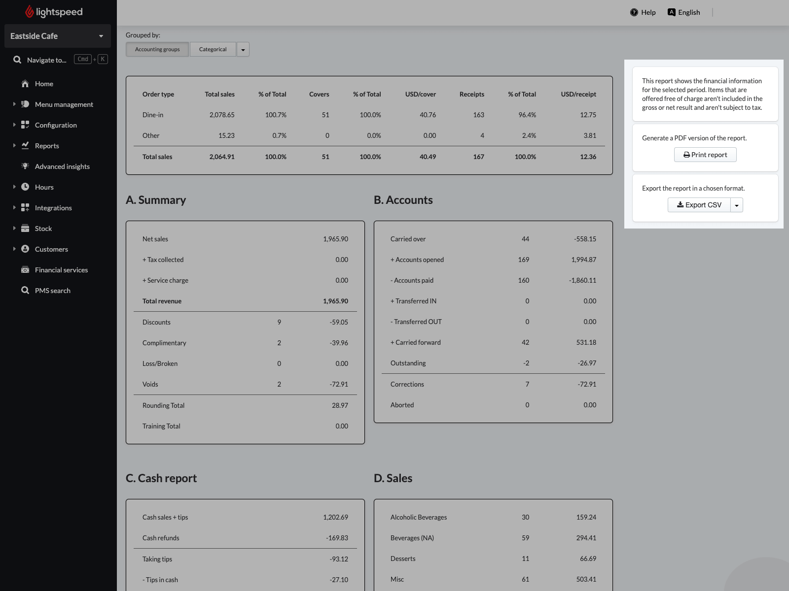 Image shows the Consolidated Business Reports (NOAM) in the Lightspeed Back Office. The options to export and print the report have been highlighted.