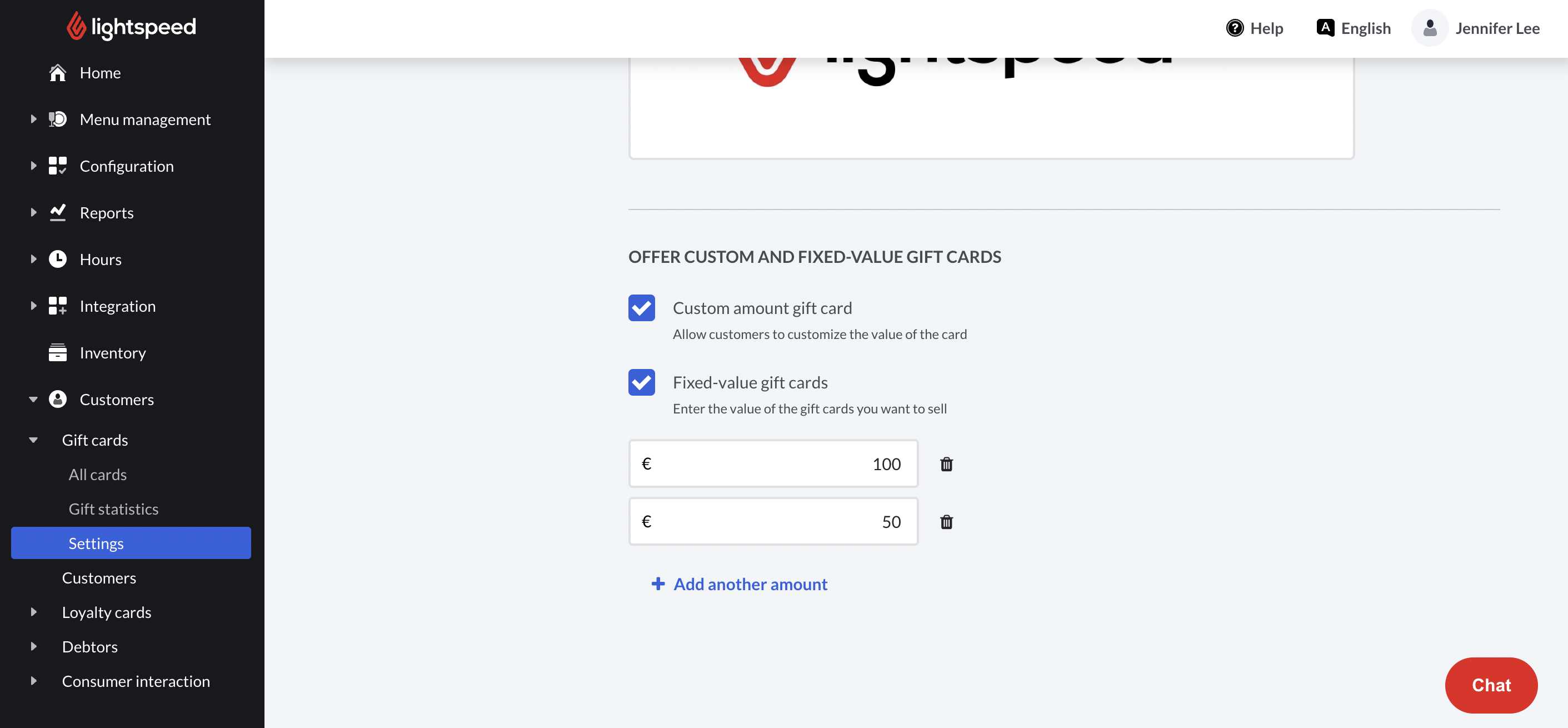 The gift card settings page with checkboxes for both gift card types.