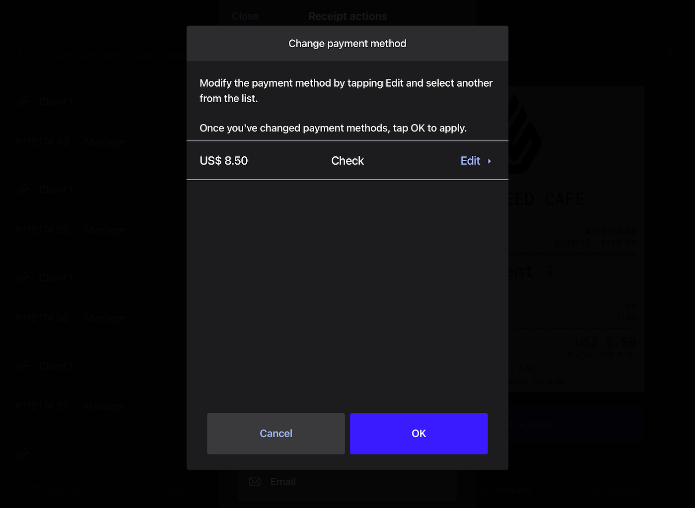 Fenêtre intitulée Modifier le mode de paiement dans Restaurant POS.