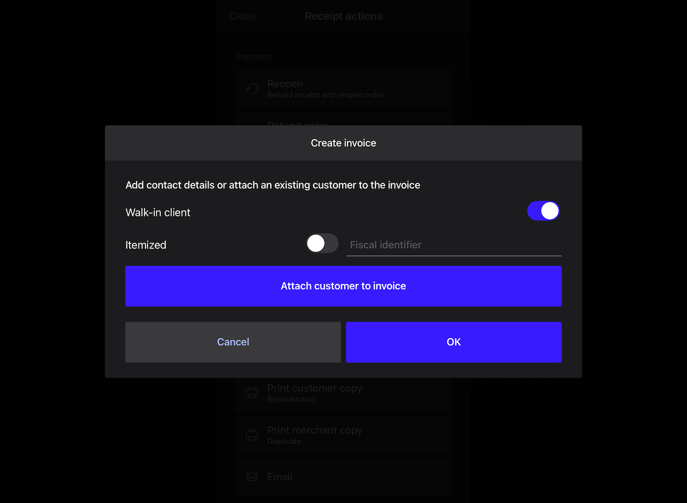 Fenêtre de dialogue dans Restaurant POS intitulée Créer une facture. L’option Lier un client à la facture est mise en évidence.