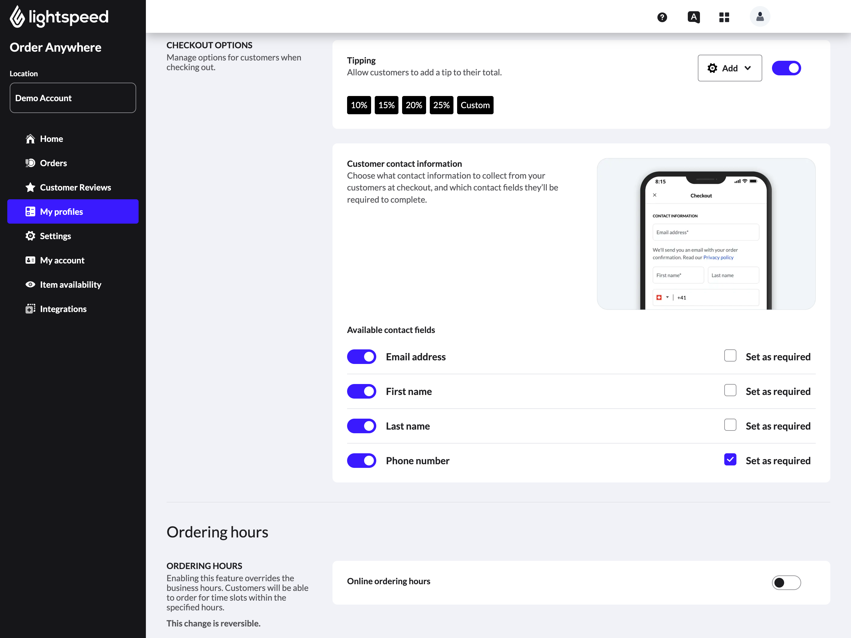 Section Options de paiement dans le back-office