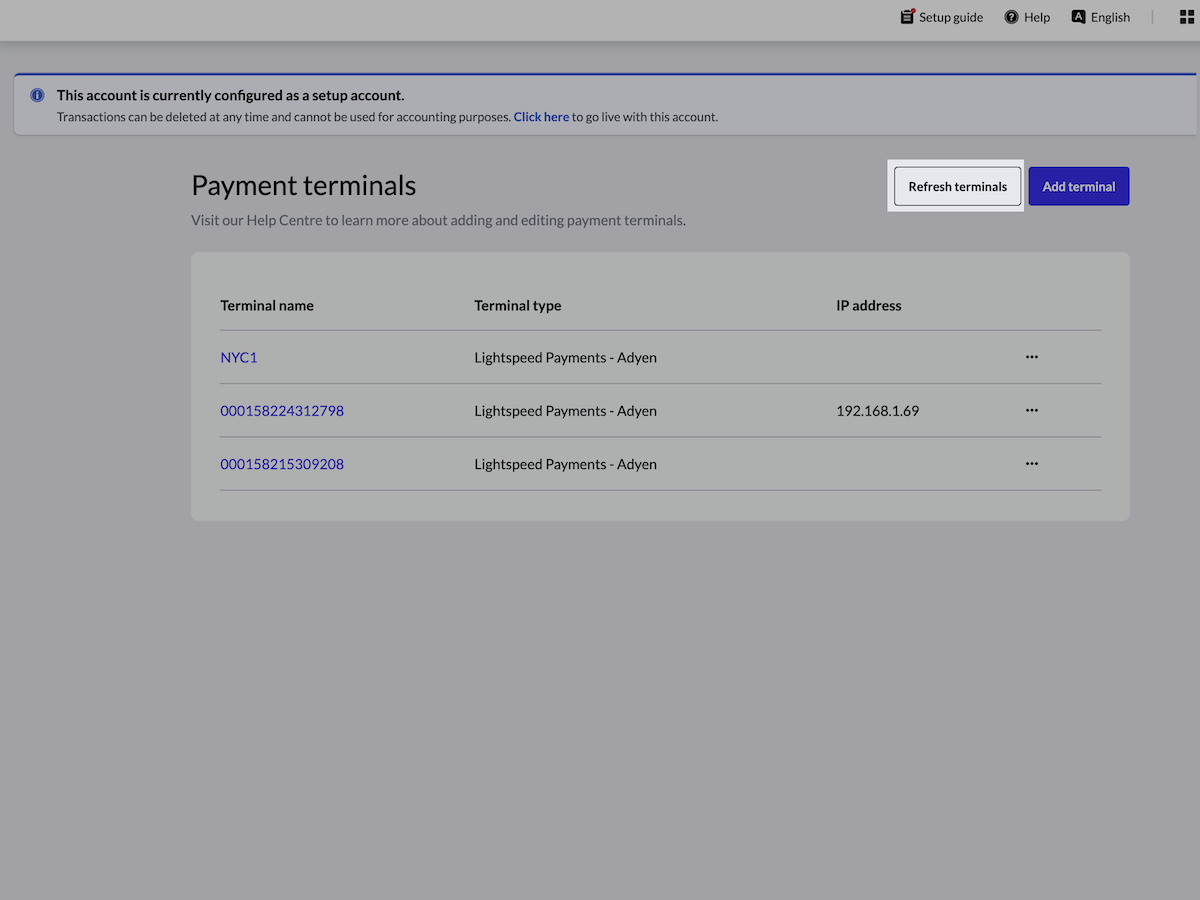Op de afbeelding wordt de betaalterminalspagina van de Lightspeed-backoffice weergegeven. De knop 'Terminals verversen' is gemarkeerd.