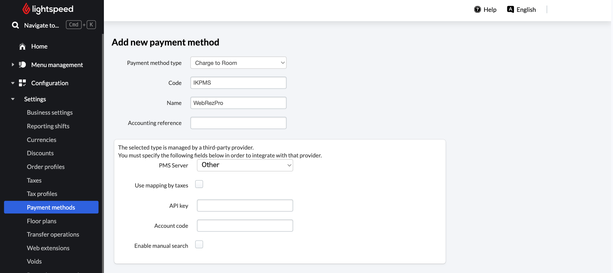 Page de l’arrière-boutique permettant de configurer un mode de paiement pour WebRezPro