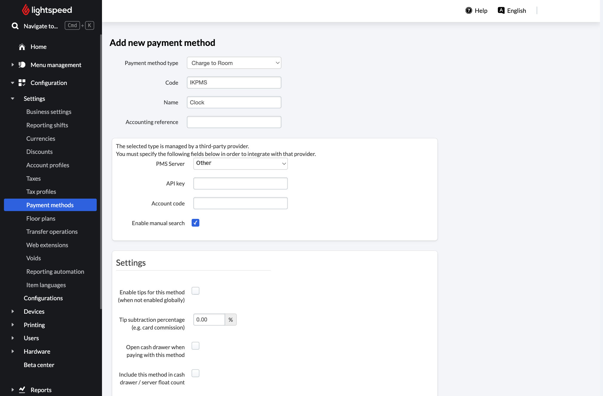 Configuration d’un nouveau mode de paiement pour l’intégration Clock