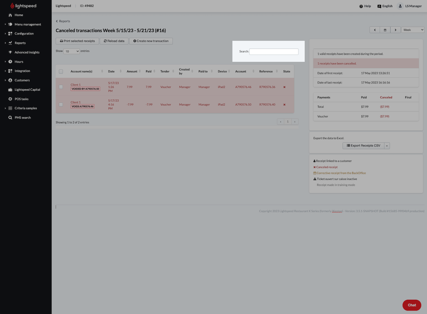 The search option will allow you to search by account name, amount, sold by, paid to, device, account, or reference.