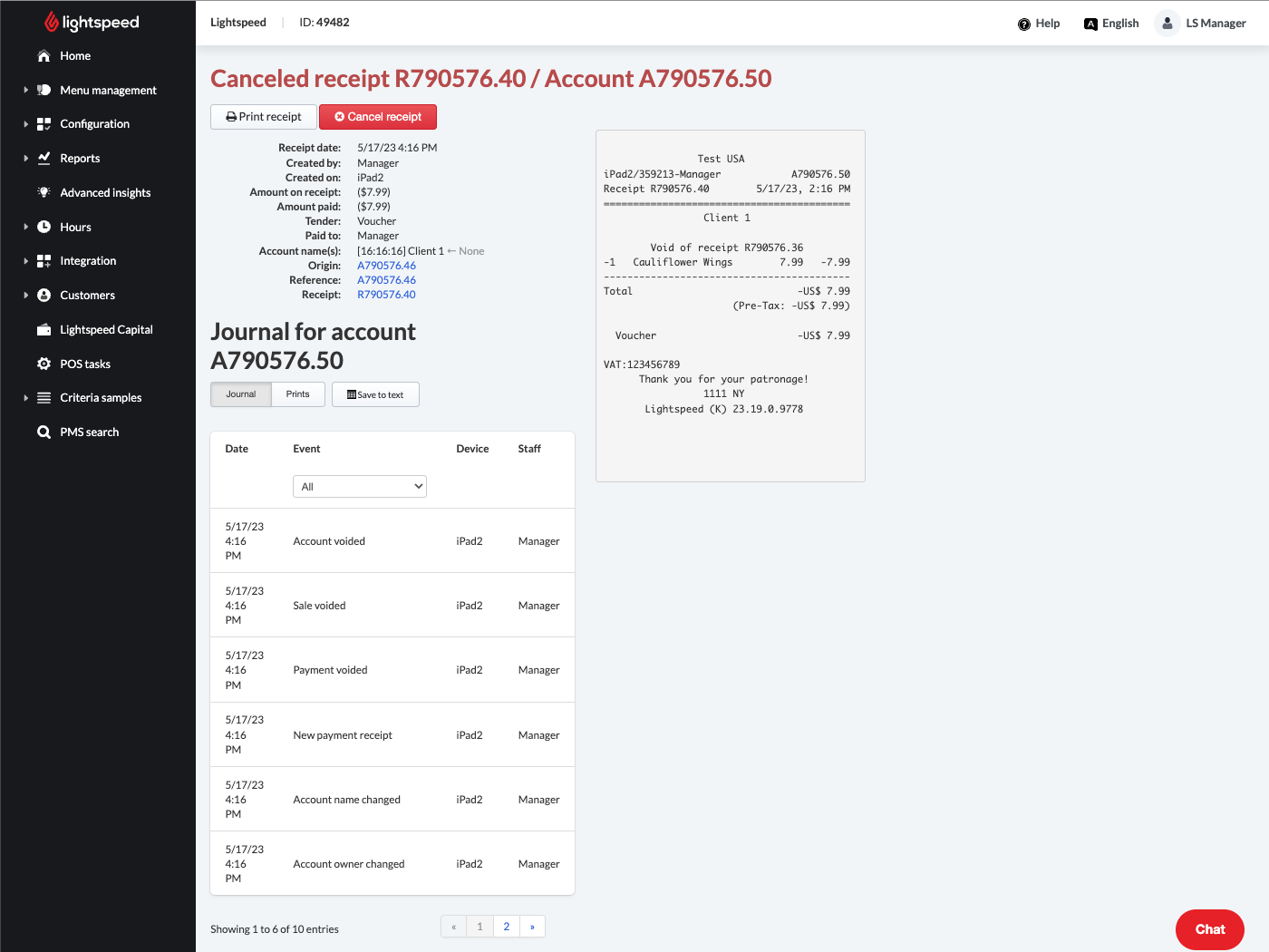 Clicking on a receipt from the Canceled Account report allows you to view more details about the transaction.