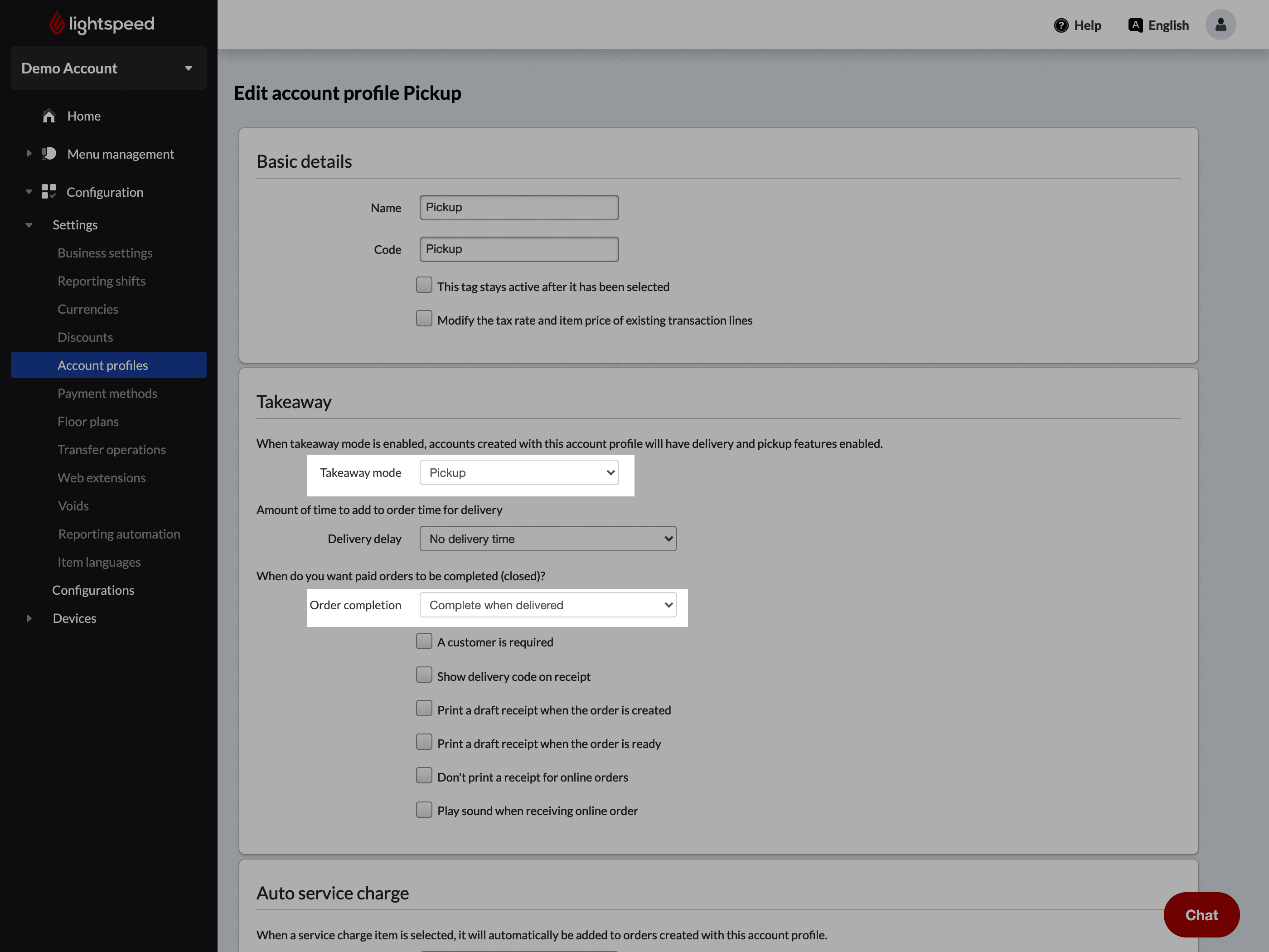 Takeaway settings in the app