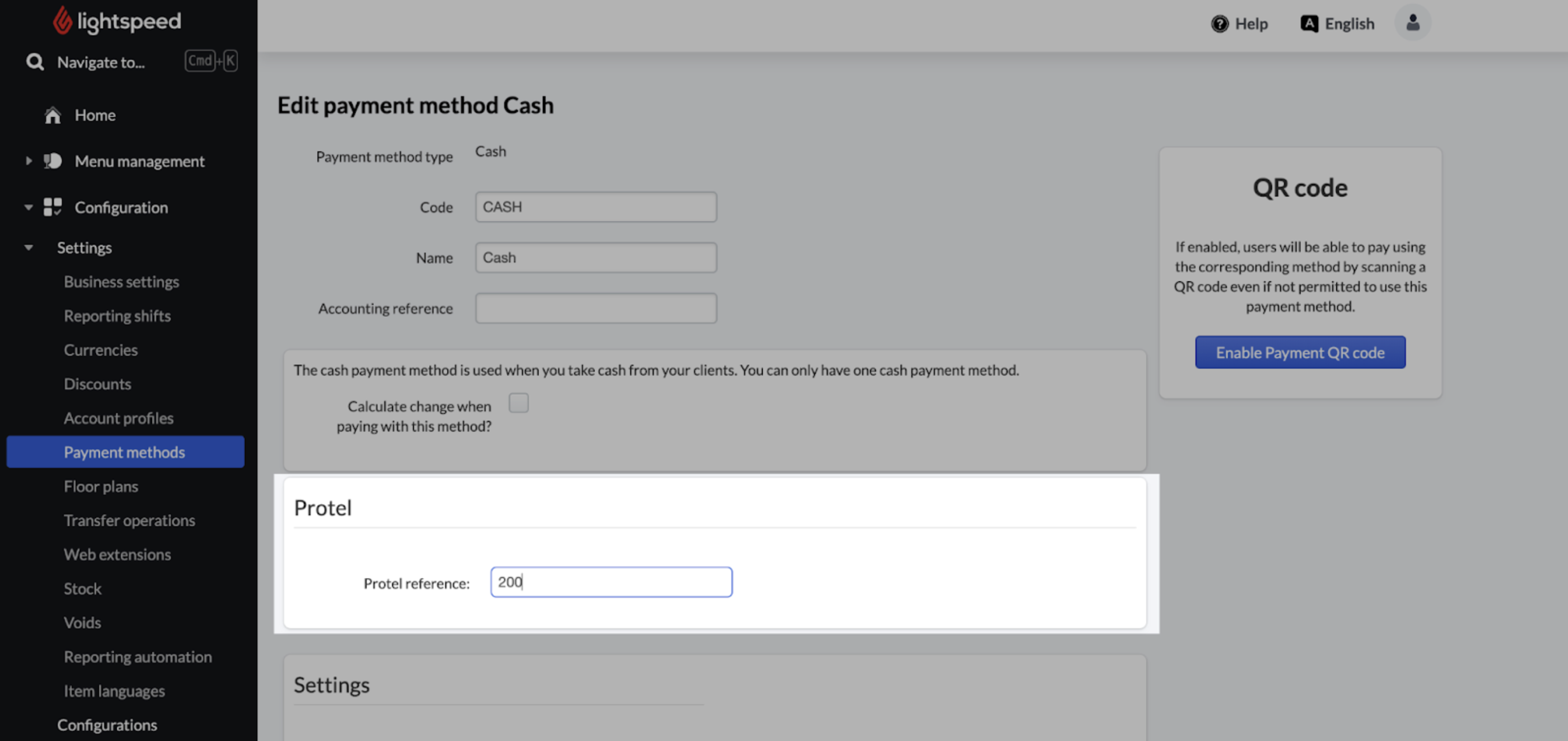 Capture d’écran de la page Modes de paiement, le champ Référence Protel est mis en évidence.
