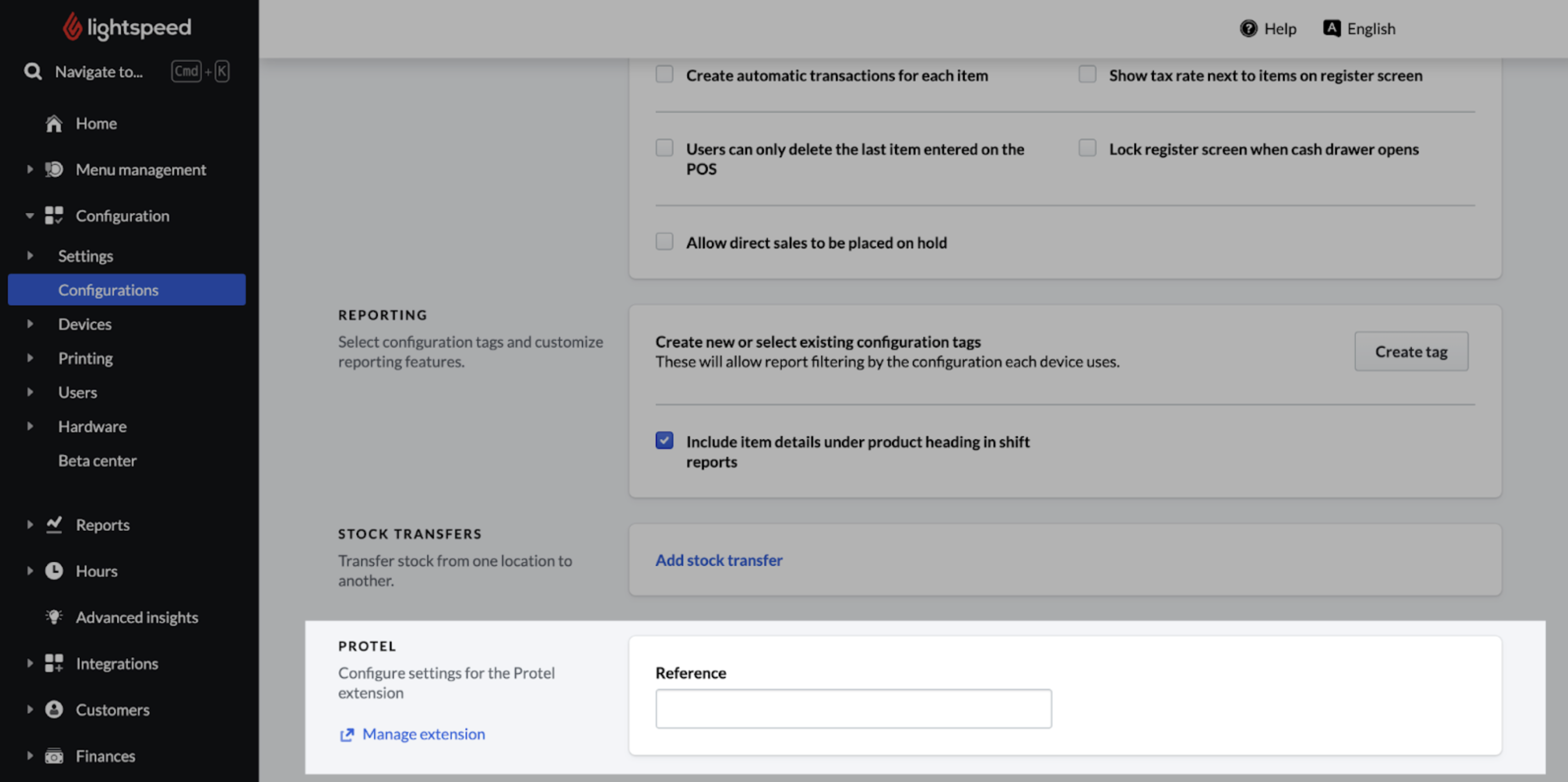 Capture d’écran de la page Configurations, le champ Référence Protel est mis en évidence.