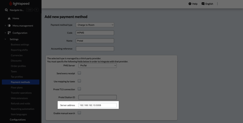 Screenshot, der das ausgefüllte und hervorgehobene Feld „Serveradresse“ anzeigt