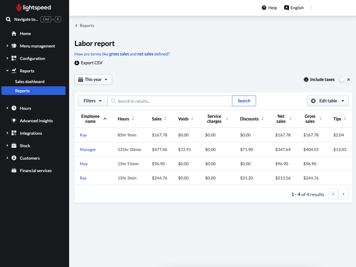 Afbeelding van het Arbeidsrapport in Lightspeed Backoffice.