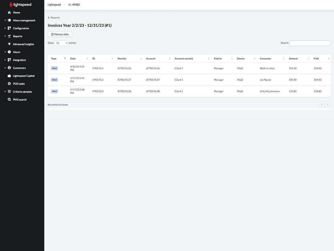 Primary view for the Invoices report