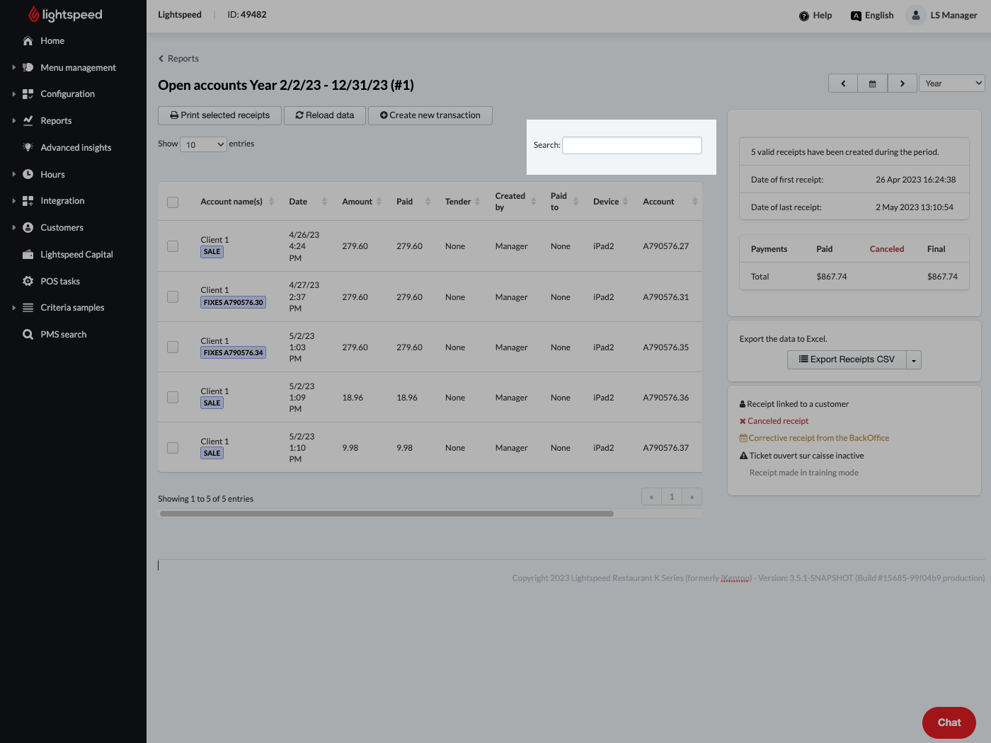 The search option will allow you to search by account name, amount, sold by, paid to, device, account, or reference.