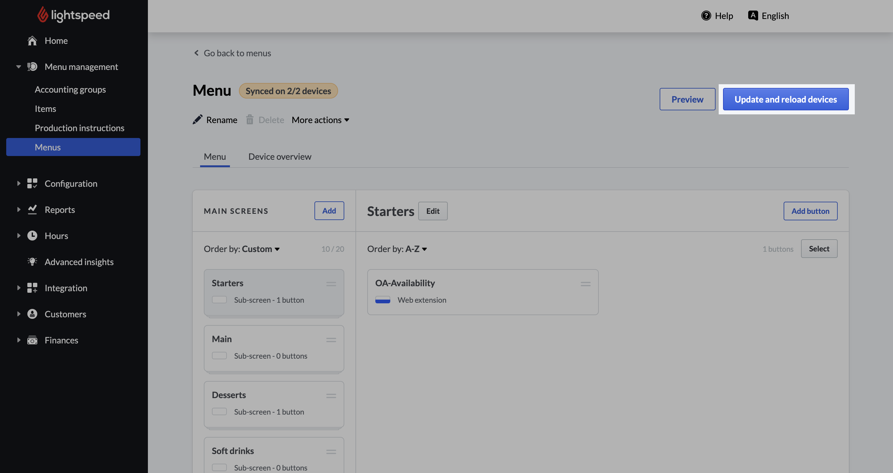 Section Menus du back-office avec le bouton Mettre à jour et reconfigurer les caisses en surbrillance.