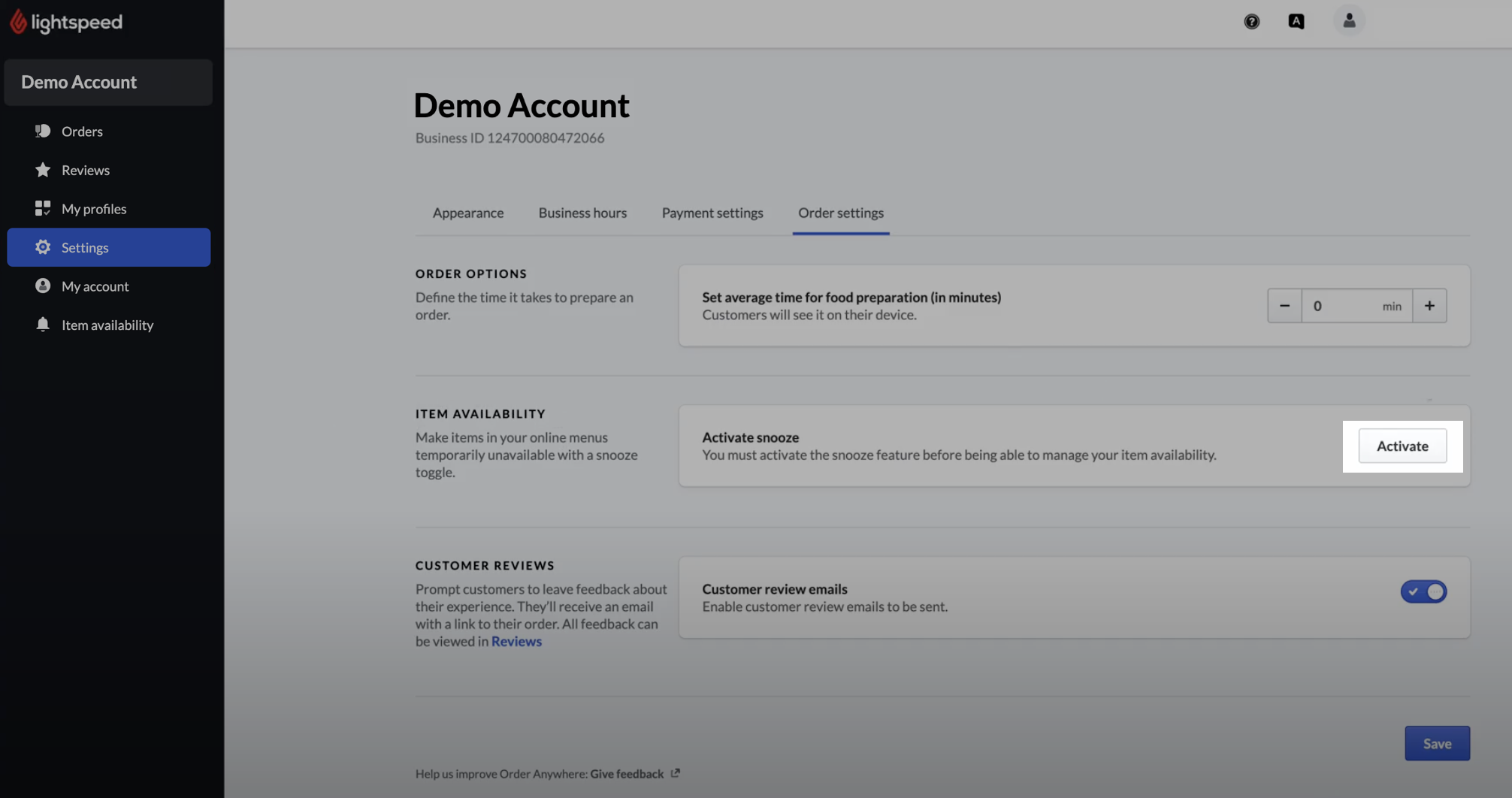 De sectie "Itembeschikbaarheid" van de Order Anywhere-backoffice met de knop "Activeren" gemarkeerd.