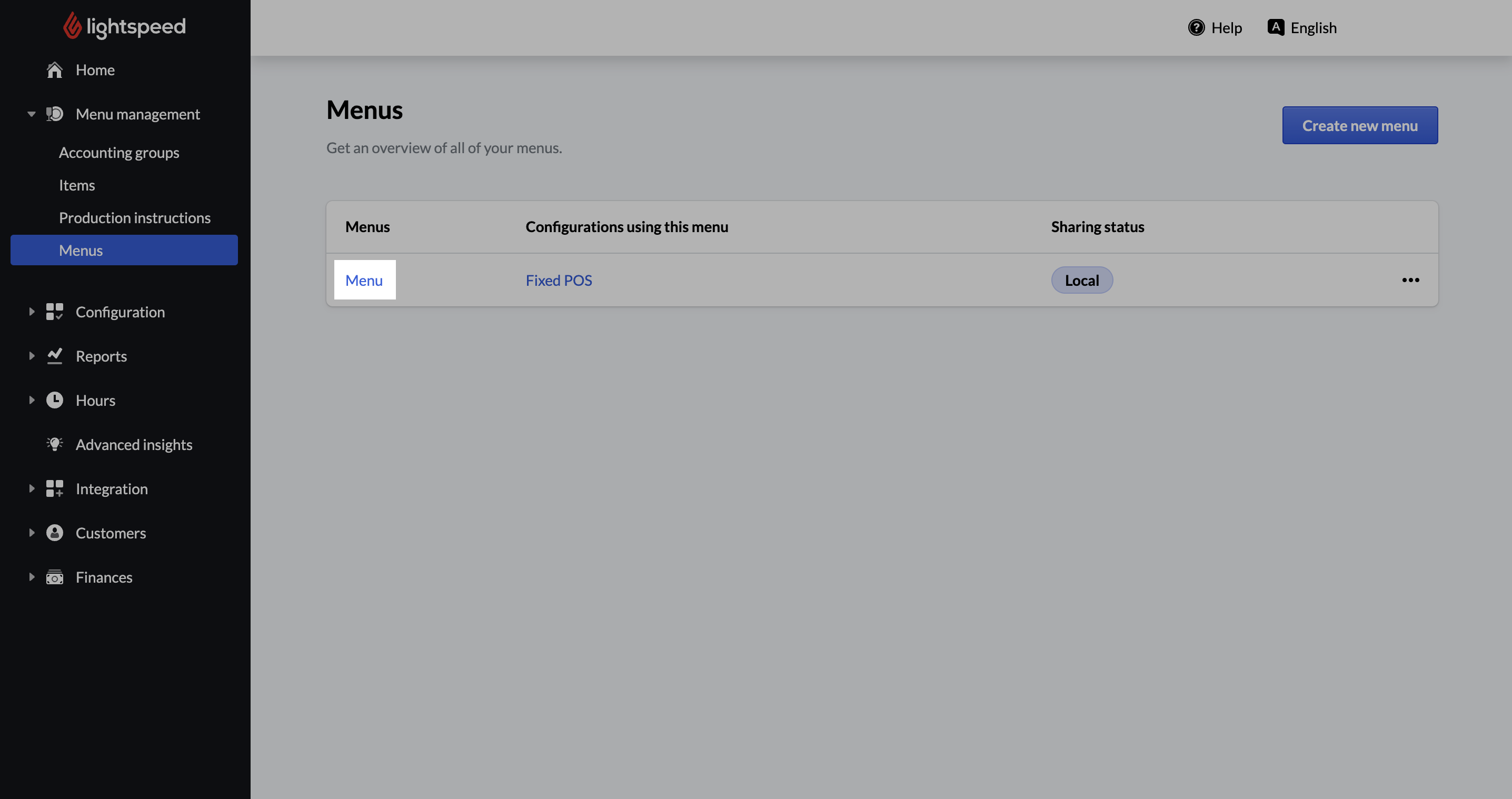 Sectie "Menu's" in de backoffice met de knop "Menu" gemarkeerd.