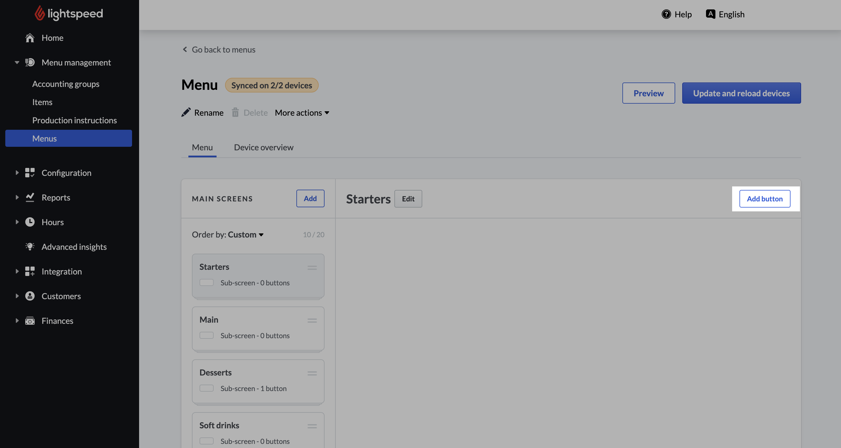 Sectie "Menu's" in de backoffice met de knop "Knop toevoegen" gemarkeerd.