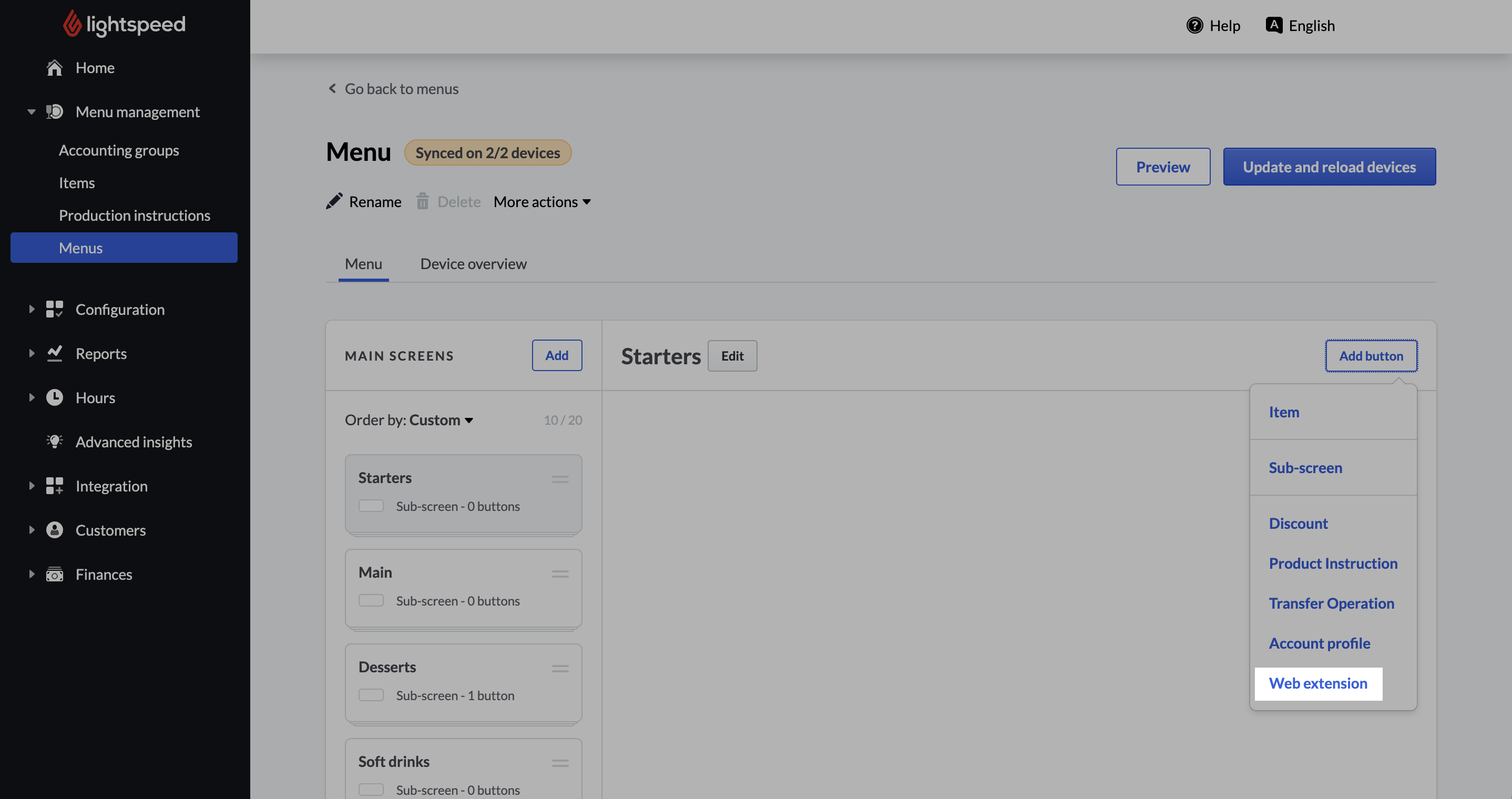 Sectie "Menu's" in de backoffice met de knop "Webextensie" gemarkeerd.