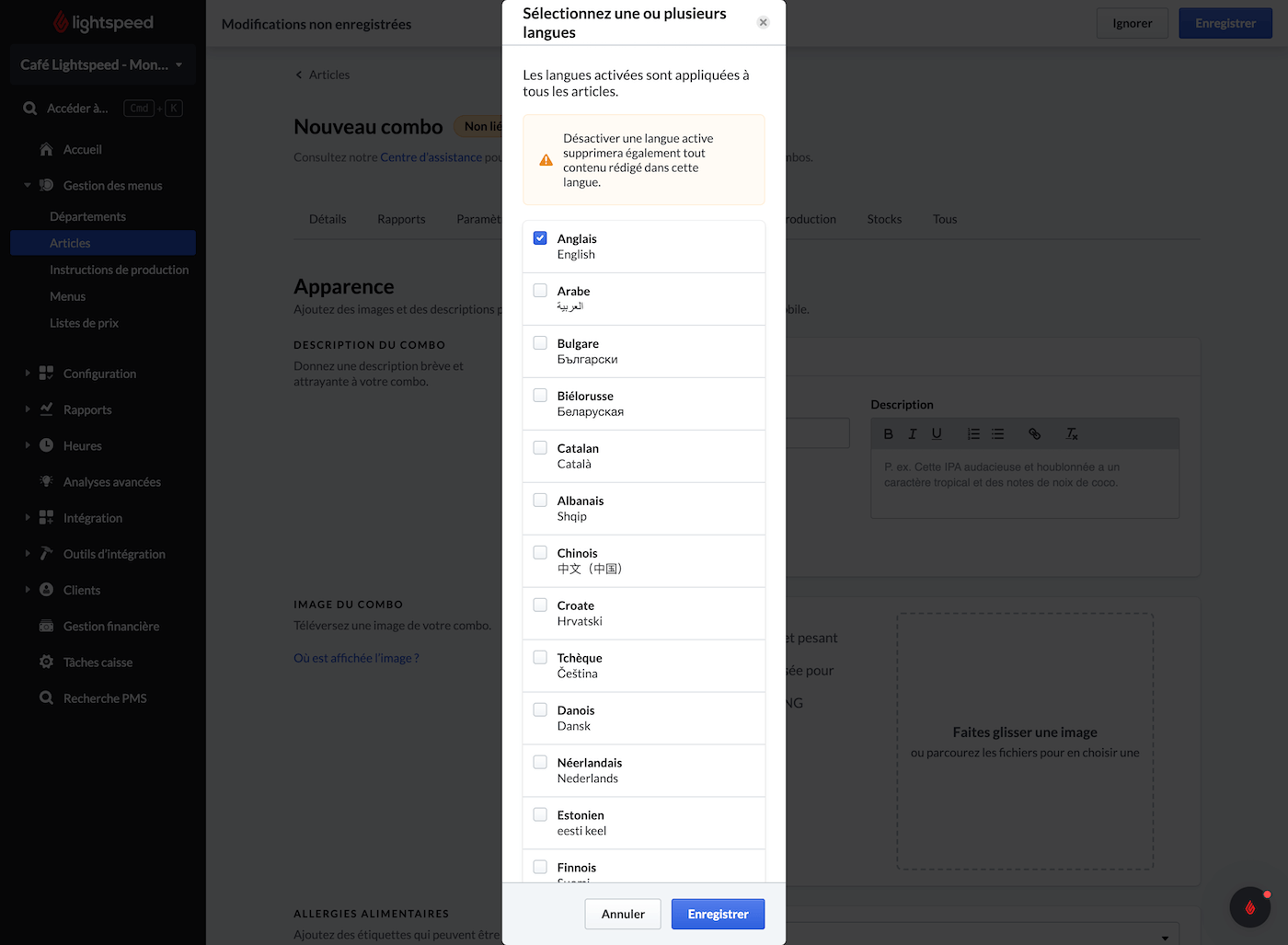 Sélection d’un menu pour la formule