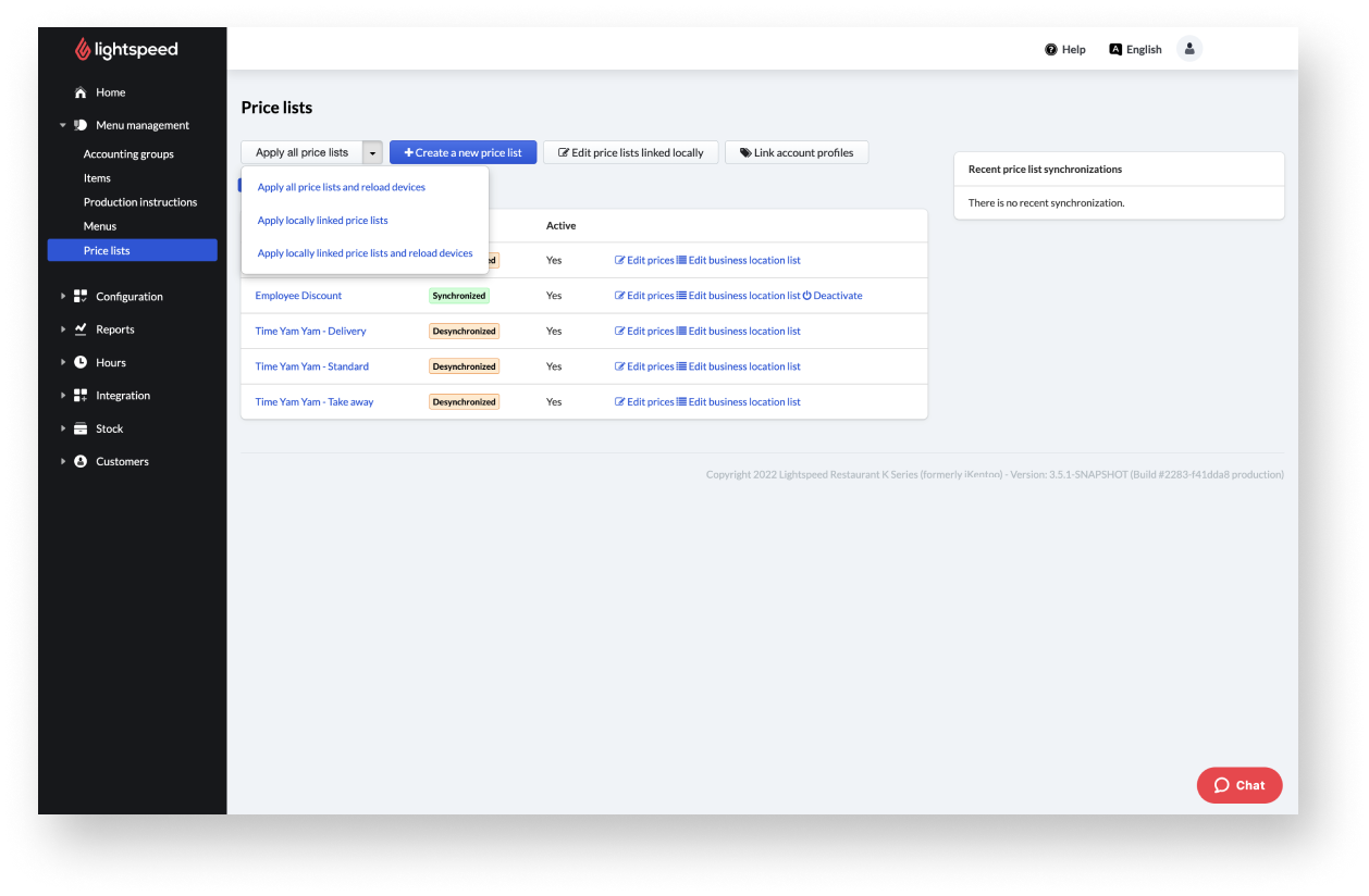Dropdown-Menü mit Optionen, um Preislisten anzuwenden