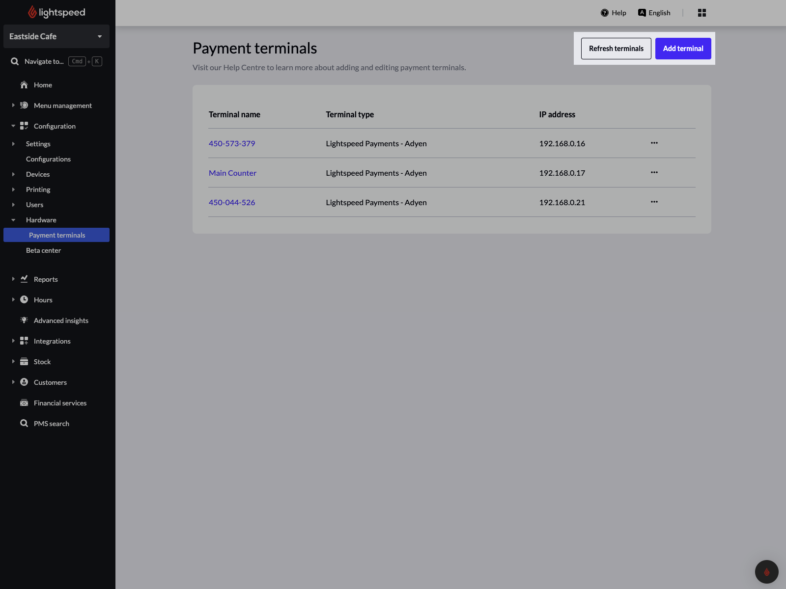 Image montrant la page Terminaux de paiement du back-office Lightspeed. Le bouton « Actualiser les terminaux » est mis en évidence.