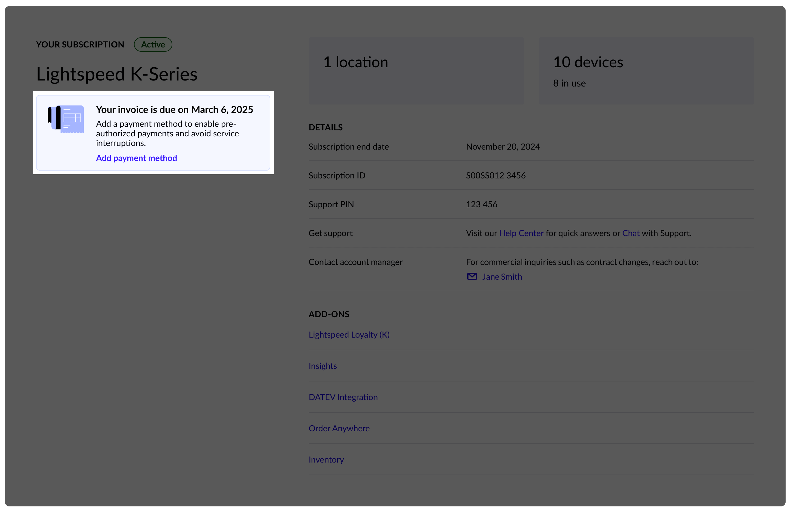The Overview tab with Add payment highlighted