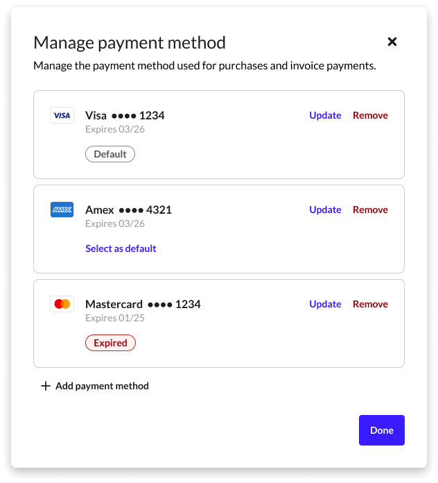 A list of cards on the Manage payment screen